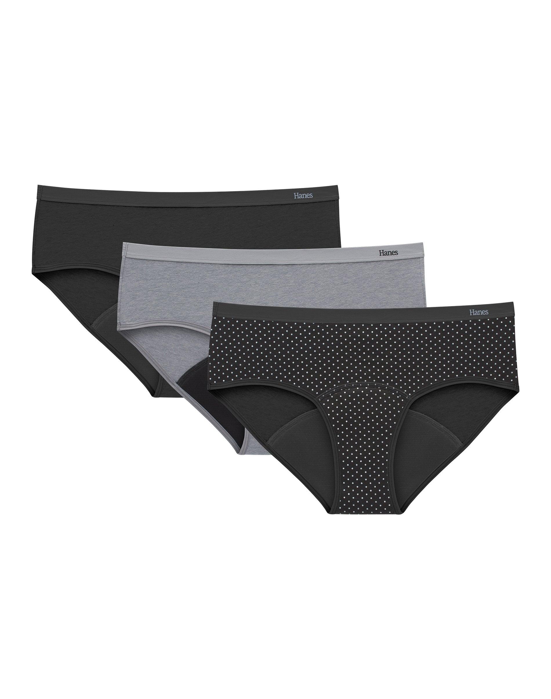 hanes comfort, period. hipster underwear, super leaks, 3-pack assorted