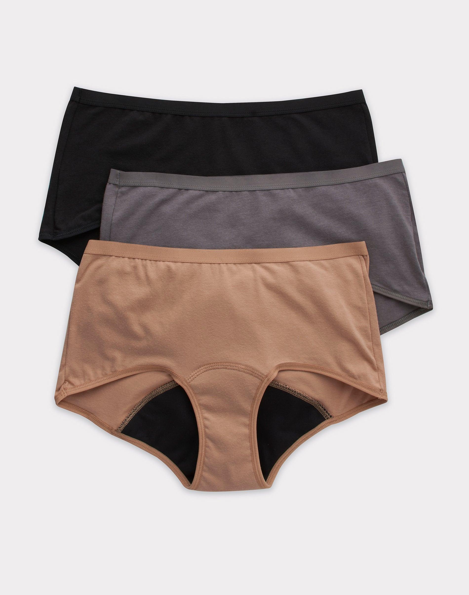 hanes comfort, period. women's boyshort underwear, moderate leaks, neutrals, 3-pack assorted 5