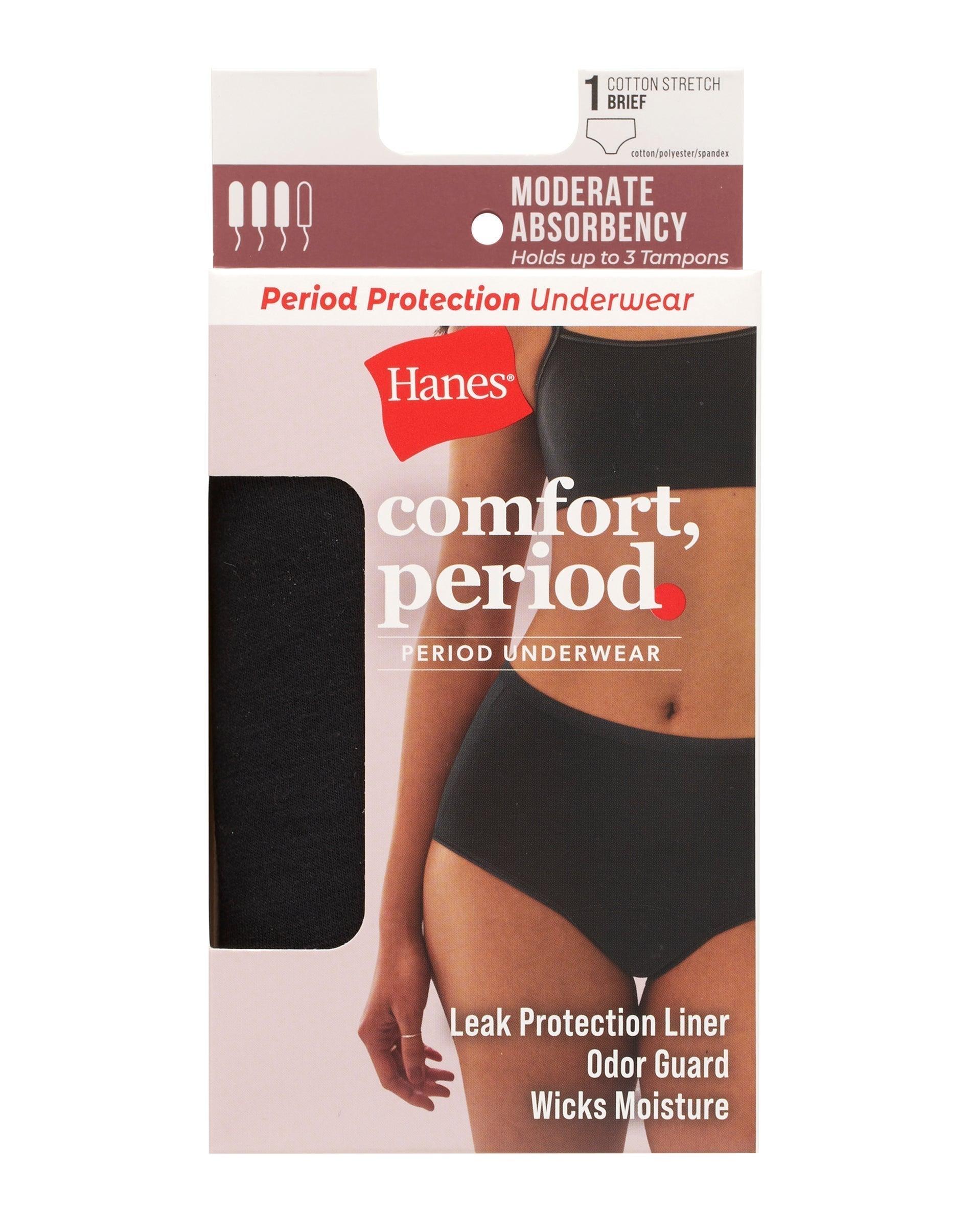 hanes comfort, period. women's brief underwear, moderate leaks, 1-pack black 6