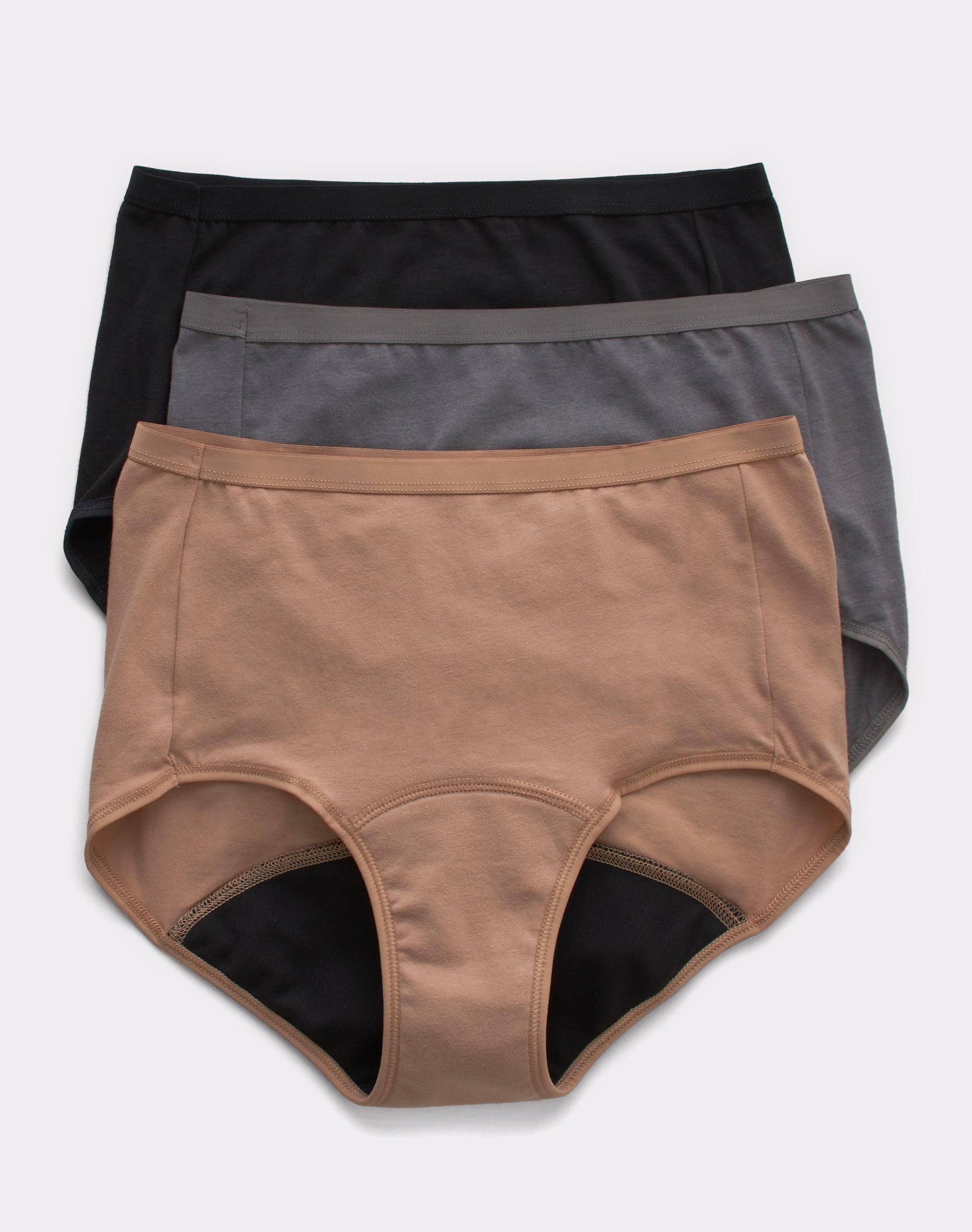 hanes comfort, period. women's brief underwear, moderate leaks, neutrals, 3-pack