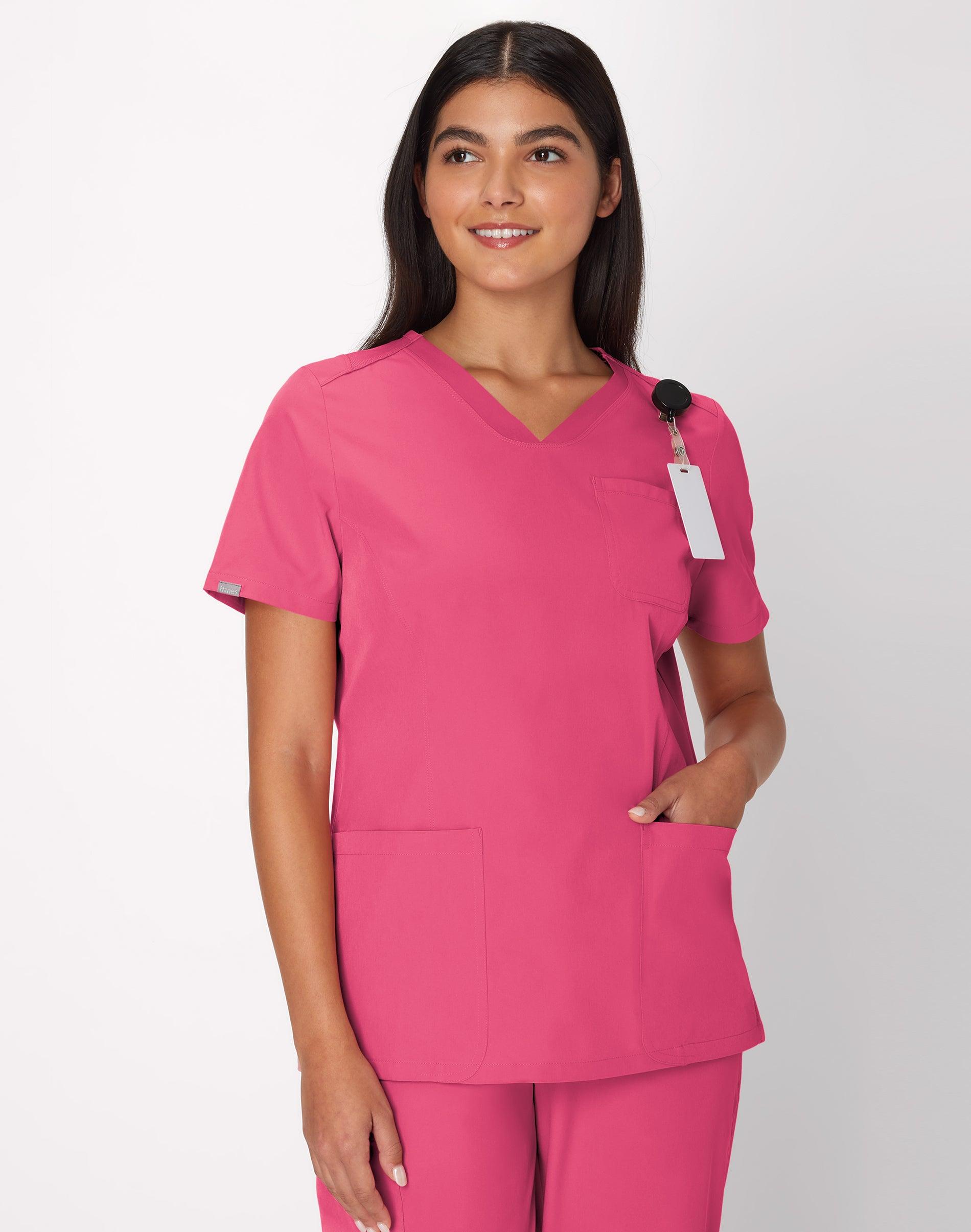 hanes comfort fit scrubs women's rib back scrub top fuchsia