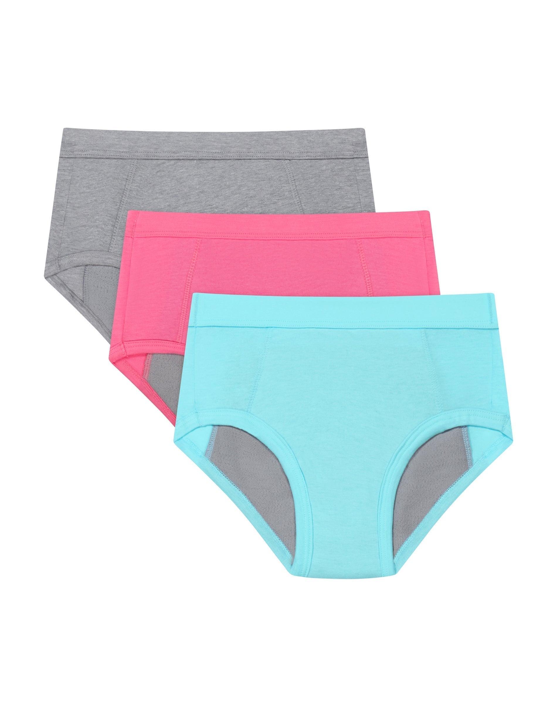 hanes confident nights girls' overnight underwear pack, 3-pack, light & moderate leaks, pink/aqua/multi