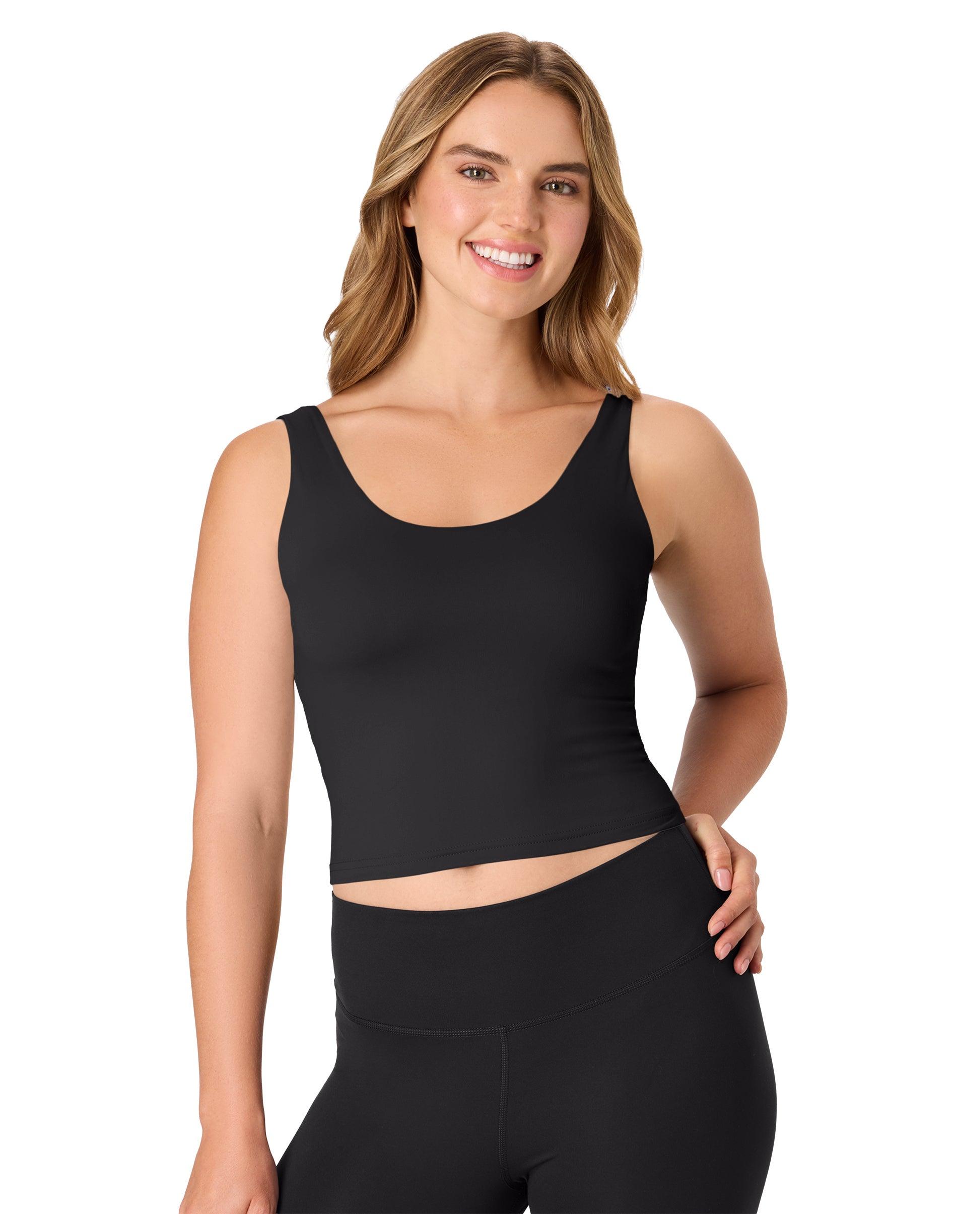 hanes cooldri women's crop tank with built-in shelf bra, 3-pack black/graphite/white xs