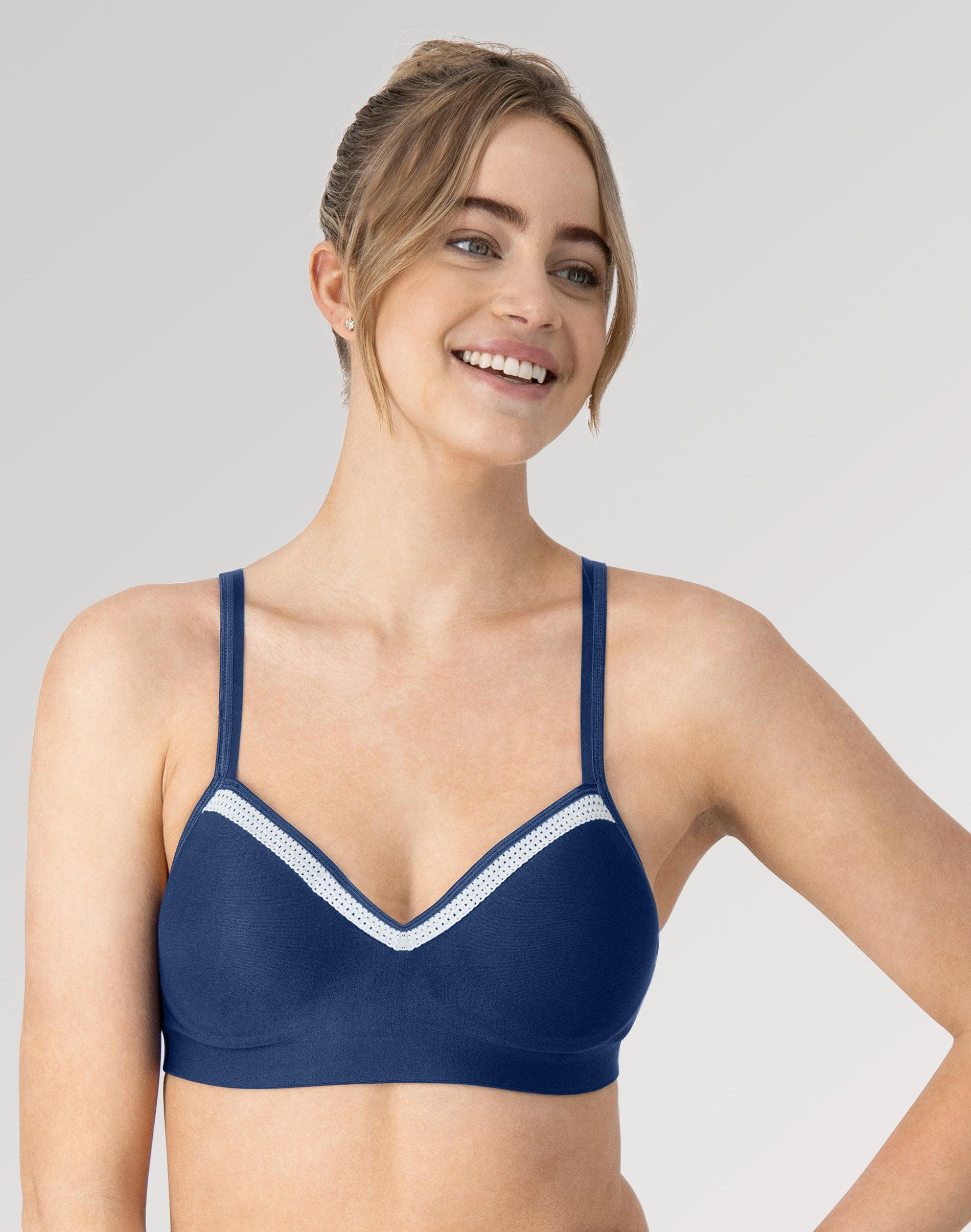 hanes foam evolution women's wireless bra with smoothtec band in the navy/sterling grey
