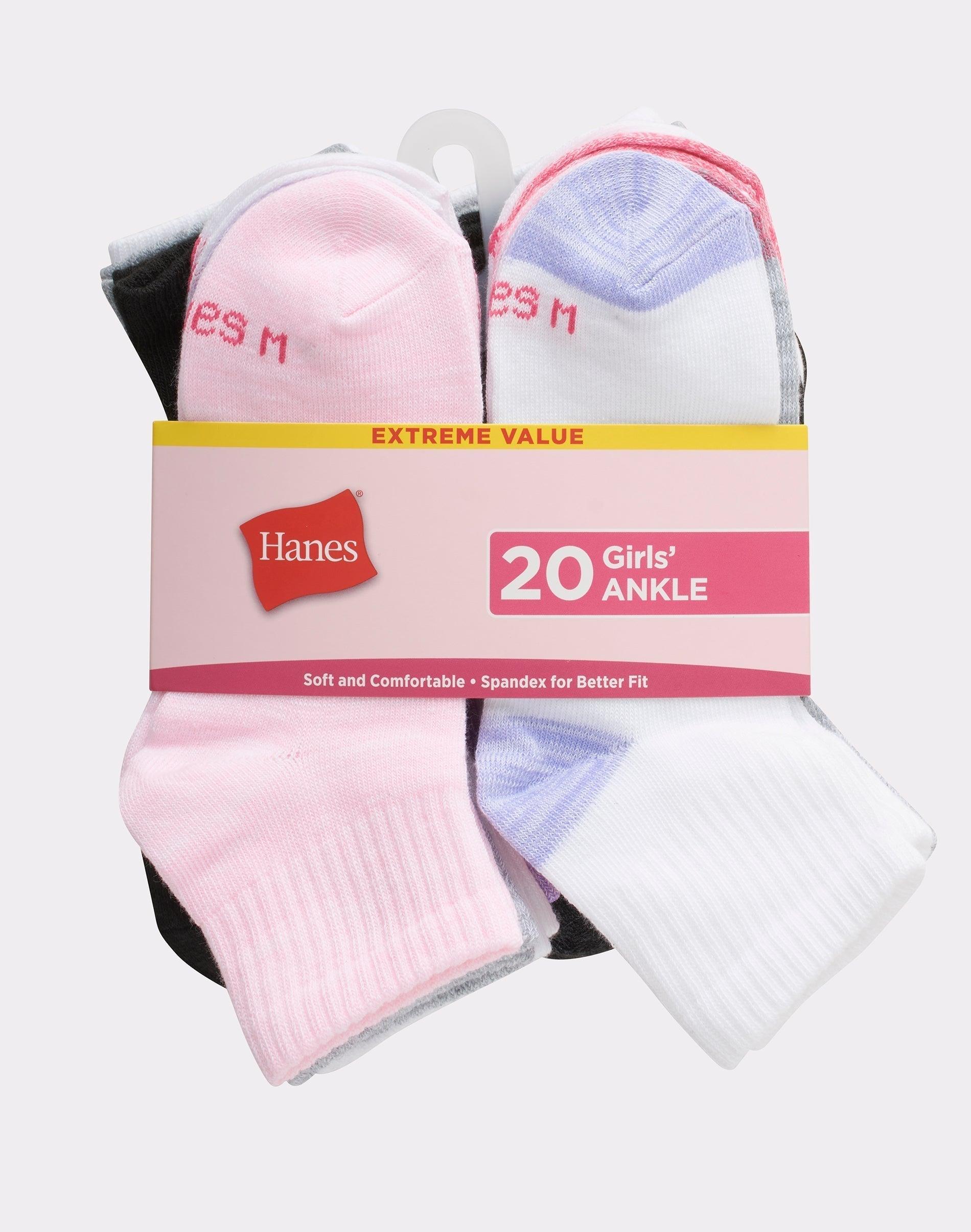 hanes girls' ankle socks, super value pack, 20-pairs