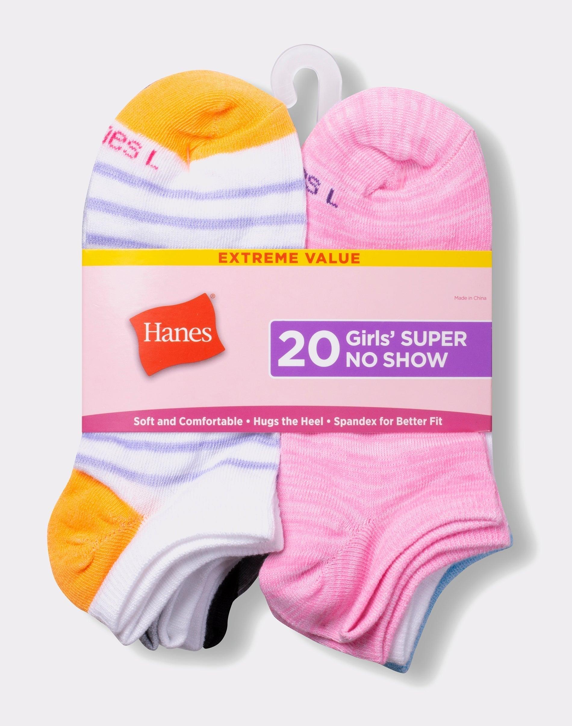 hanes girls' super no show socks, value pack, 20-pairs