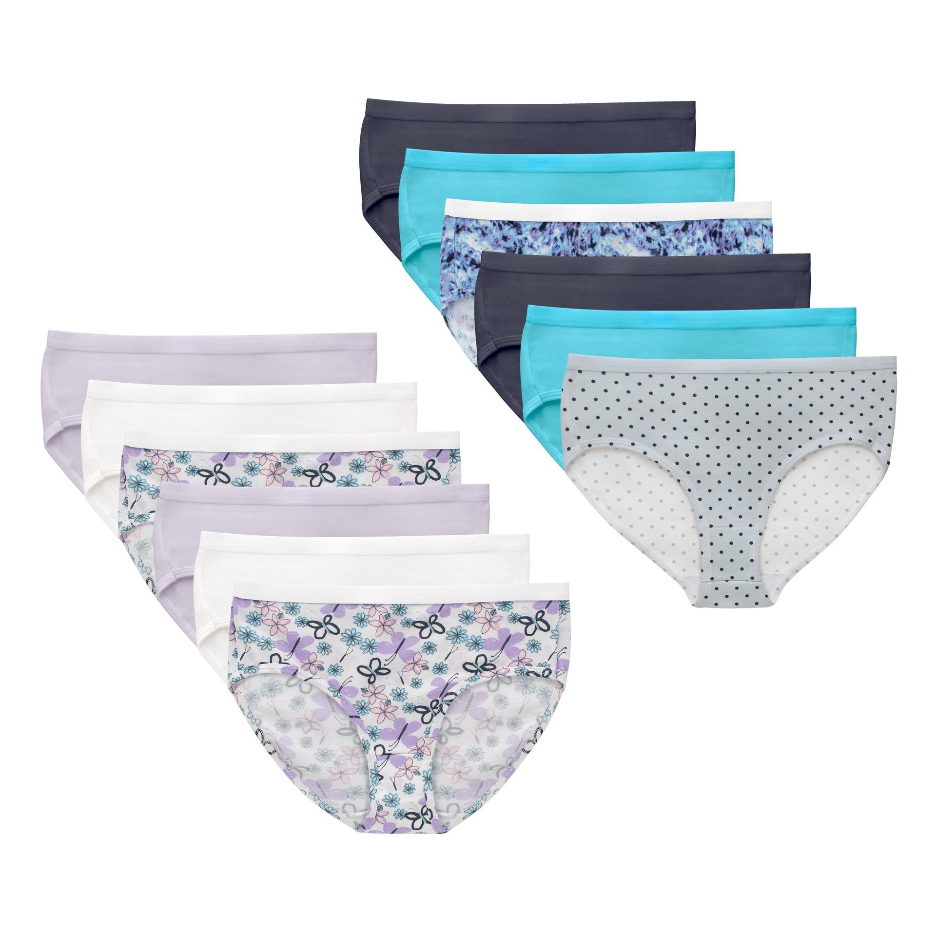 hanes girls' underwear briefs pack, 12-pack, cotton blend white/purple/blue/grey/floral print/dot print/tie-dye