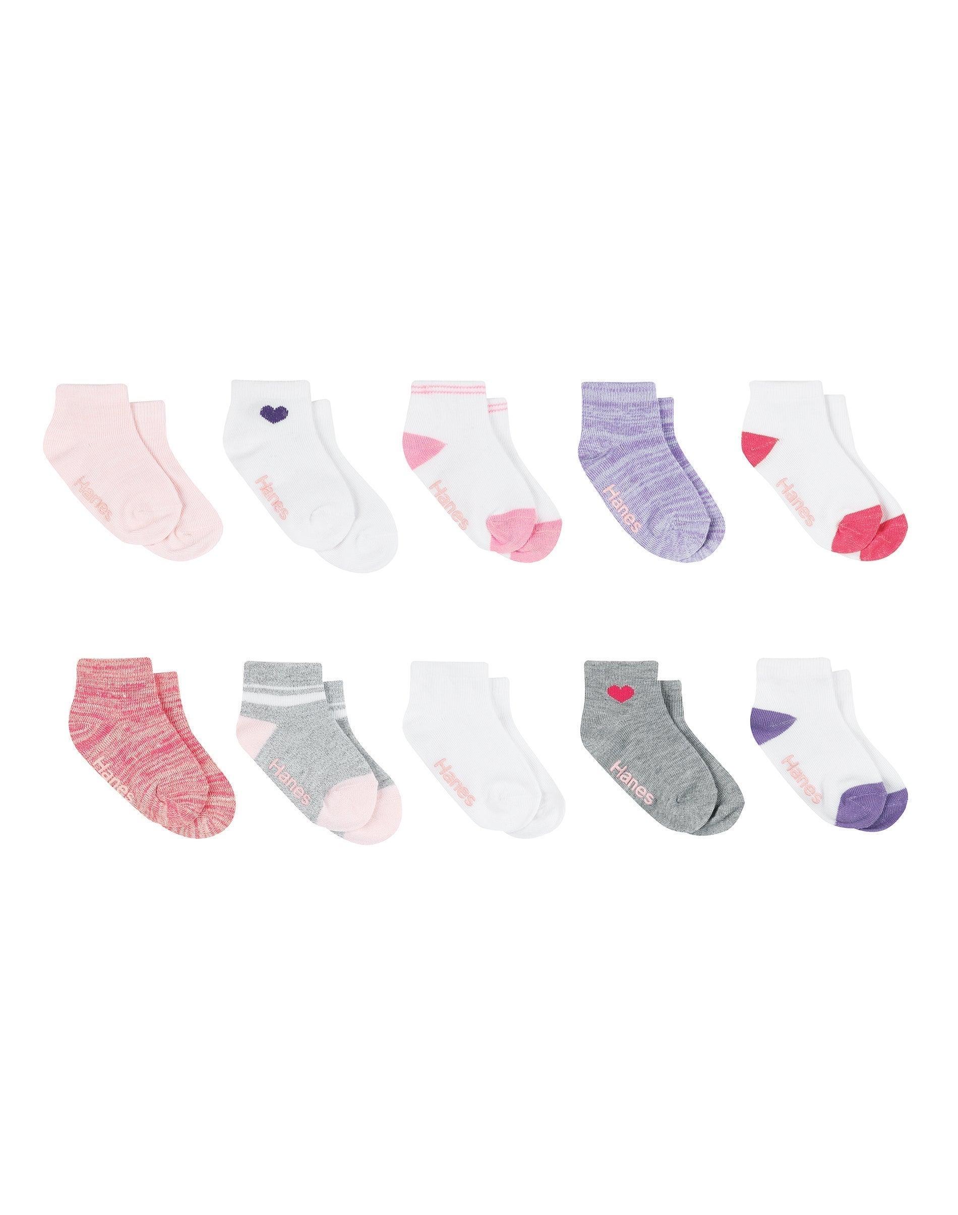 hanes infant/toddler girls' ankle socks, gripper bottoms, 10-pairs grey/white/pink/purple