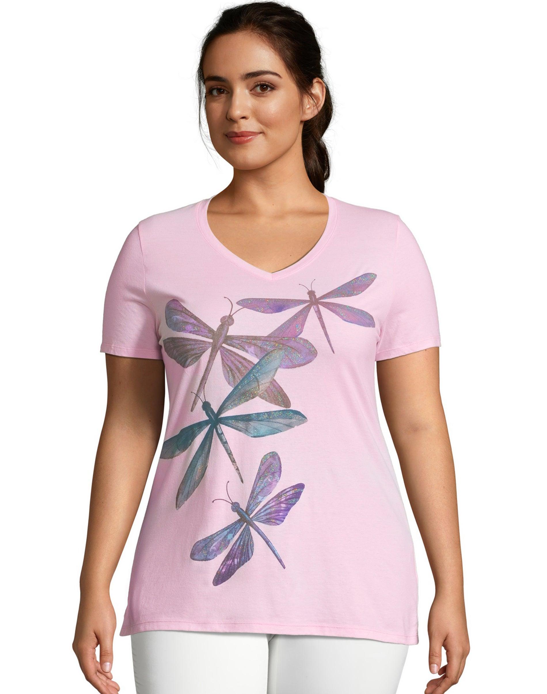 hanes just my size women's v-neck graphic t-shirt, dragonfly ascending (plus ) paleo