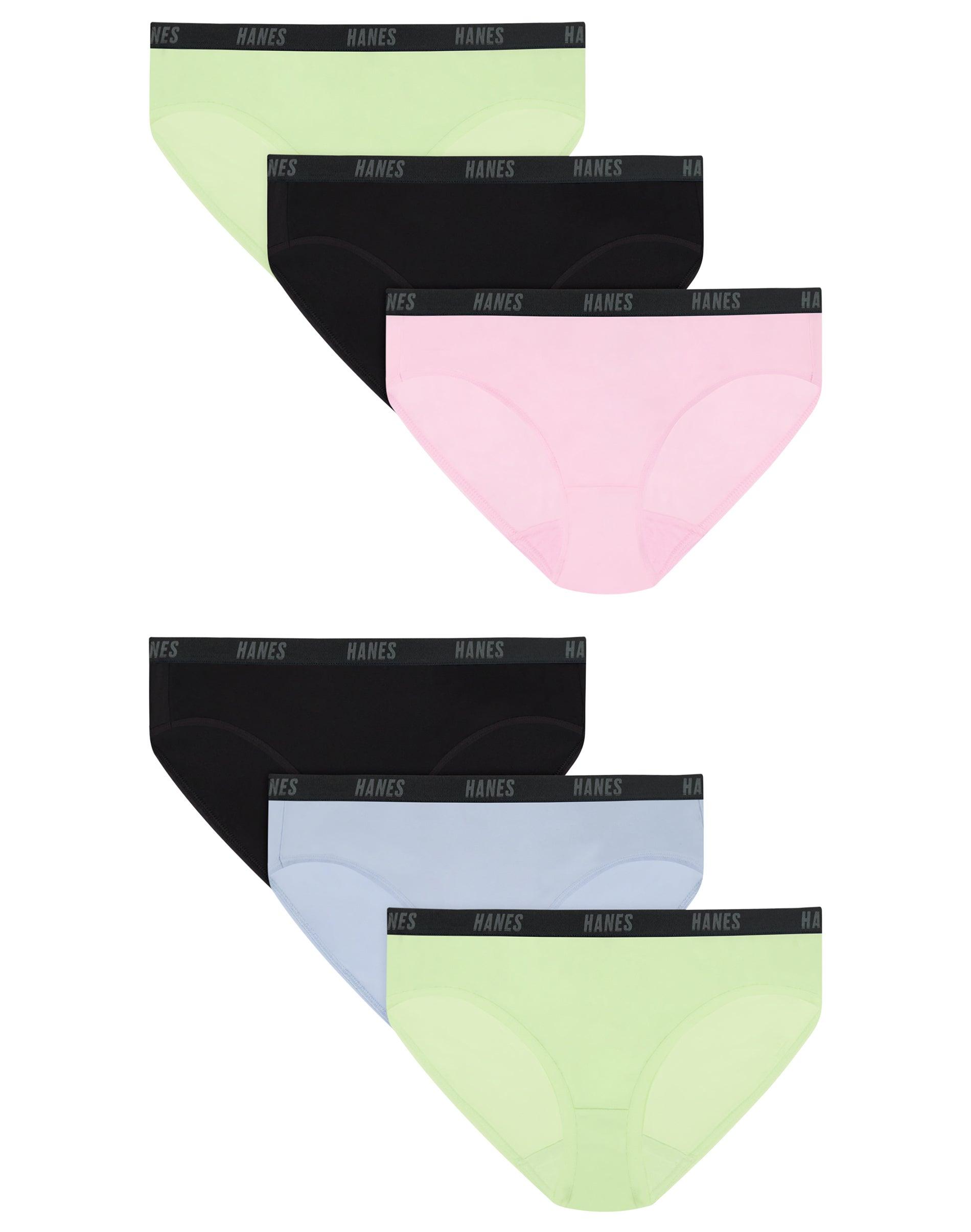 hanes moves girls' underwear bikinis pack, 6-pack, lightweight individual pink/black/refreshing green/blue