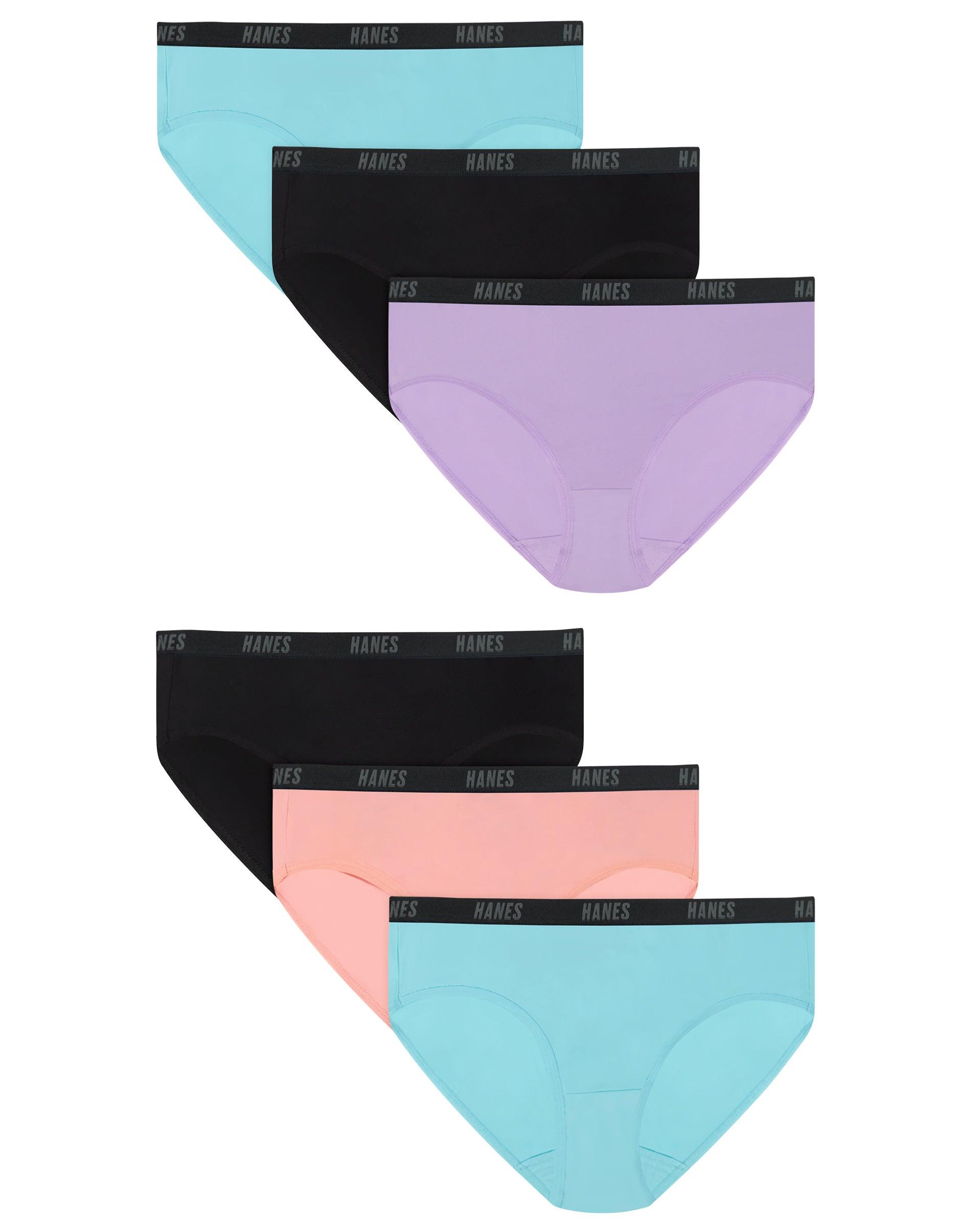 hanes moves girls' underwear hipsters pack, 6-pack, lightweight purple shell/black/ultraviolet blue/pretty