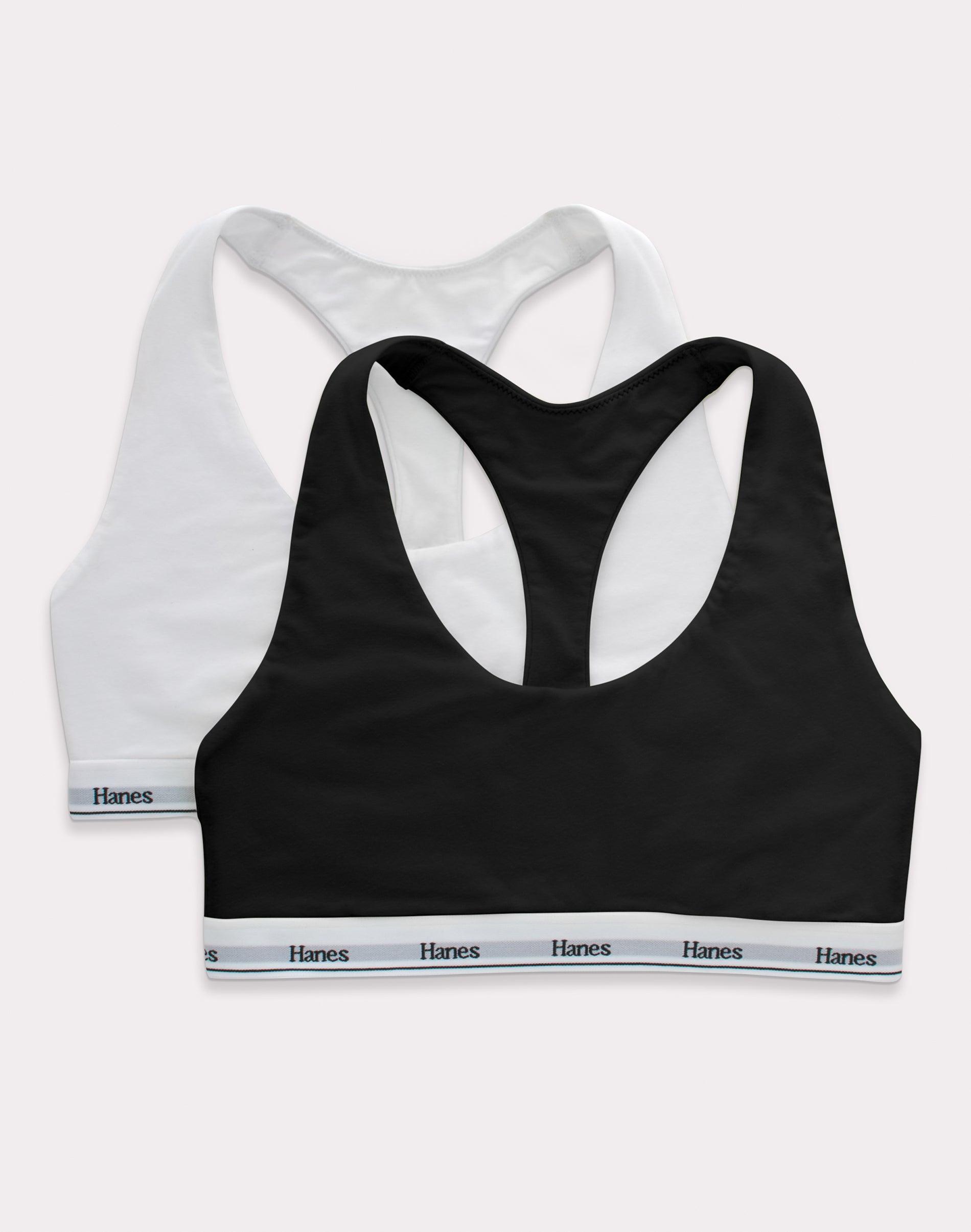 hanes originals racerback bralette, breathable stretch cotton, 2-pack black/white xs women's