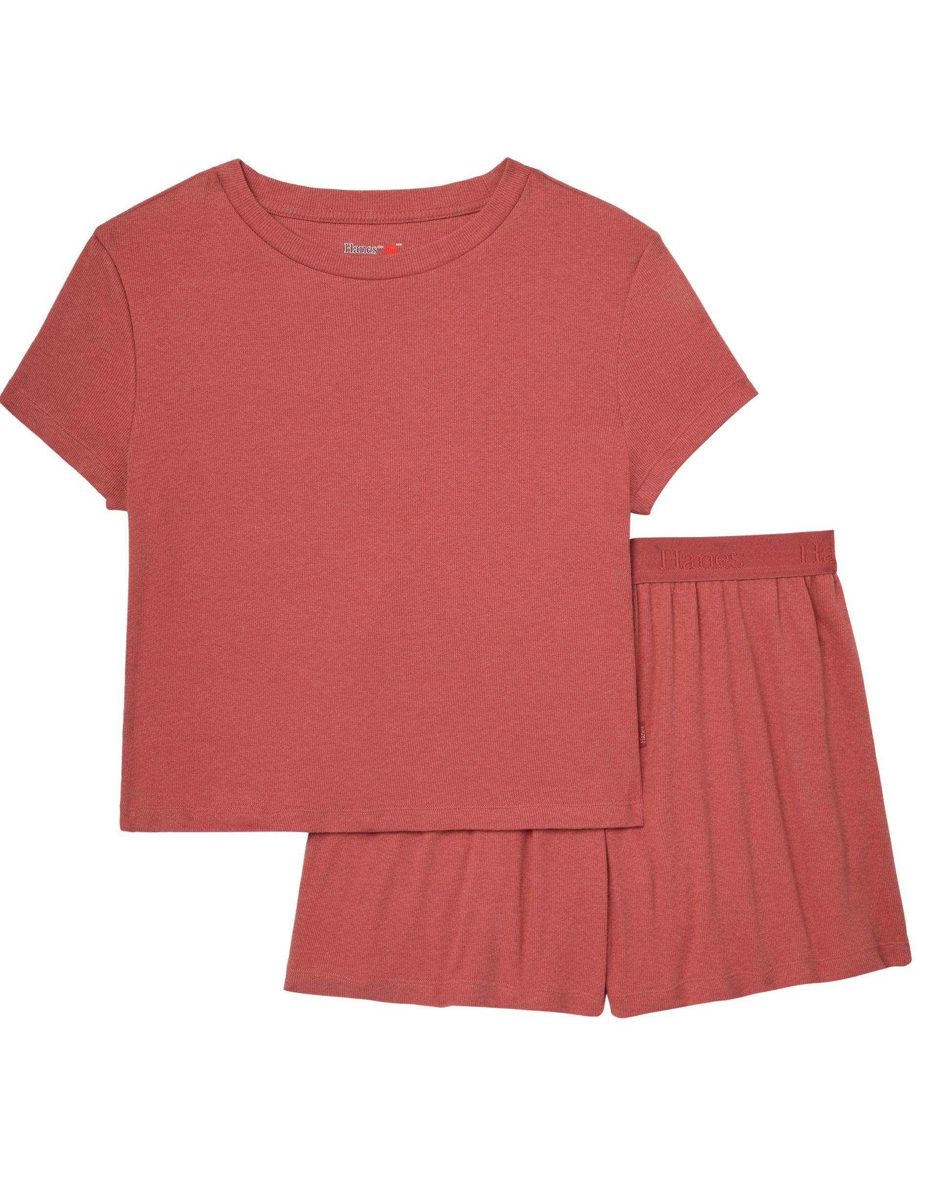 hanes originals supersoft comfywear women's ribbed babydoll tee & shorts pajama set - soft loungewear natural cedar/natural cedar xs