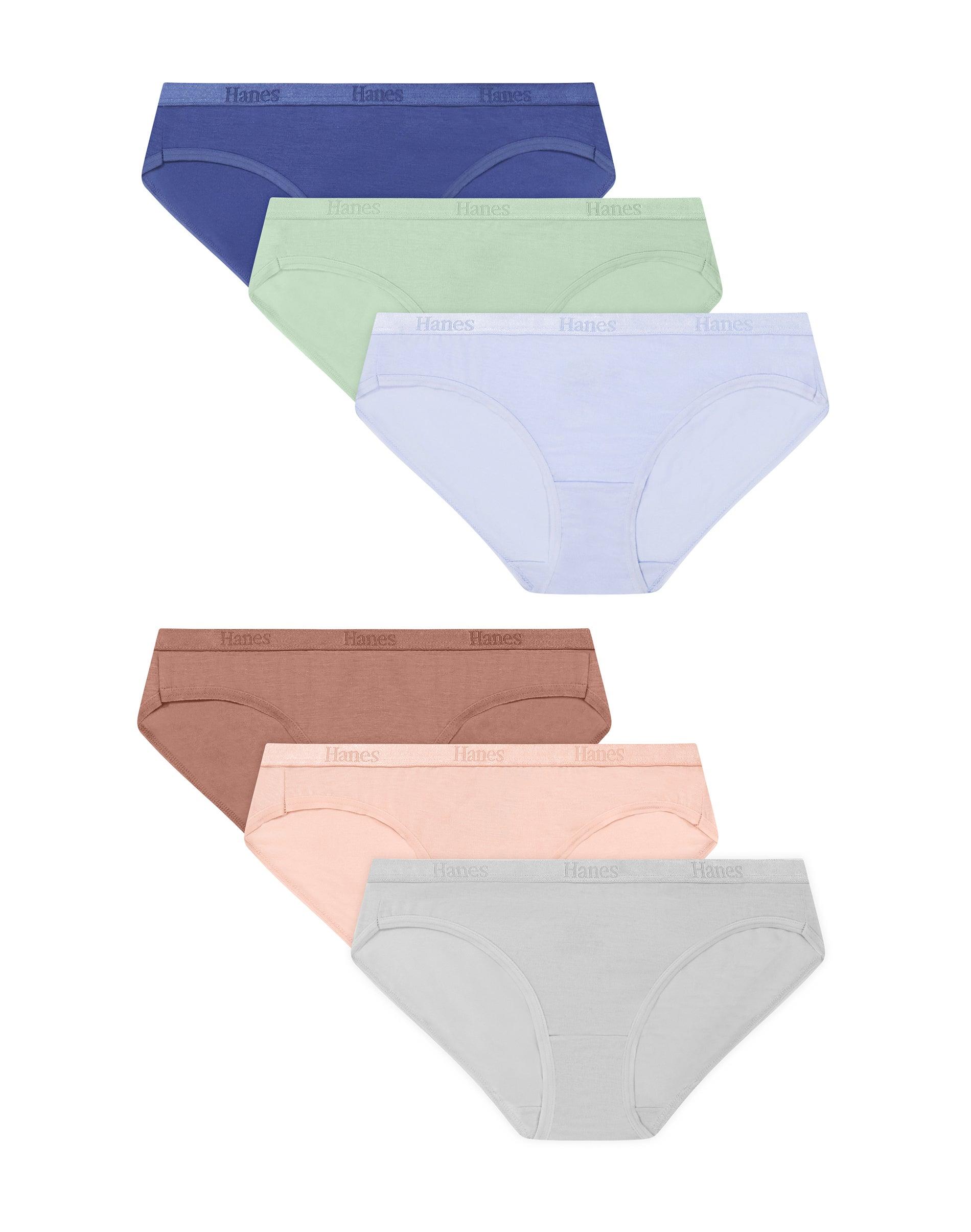 hanes originals supersoft girls' underwear bikinis pack, 6-pack, moisture wicking cotton candy pink/misty morning/beaming violet/silver