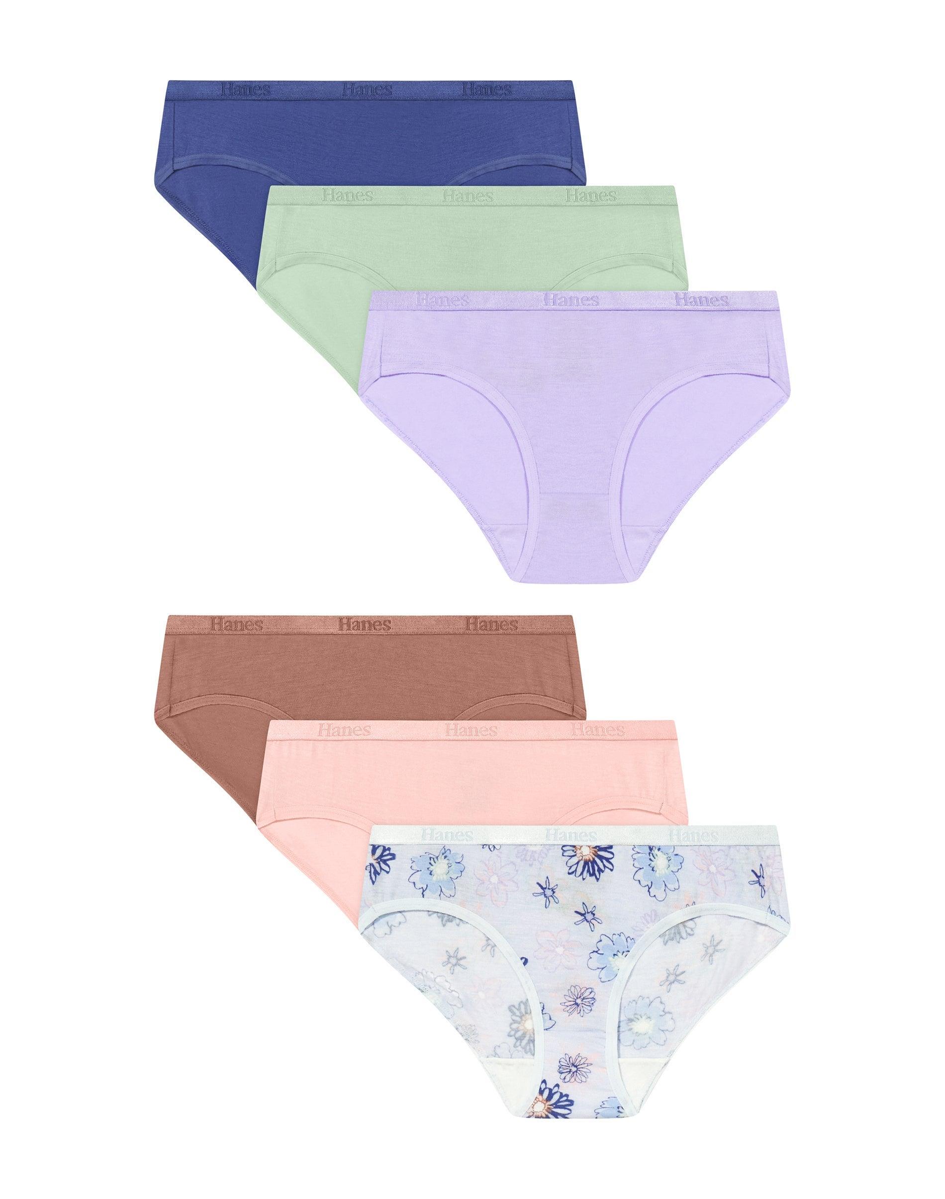 hanes originals supersoft girls' underwear hipsters pack, 6-pack, moisture wicking purple flowers/cotton candy pink/earthen