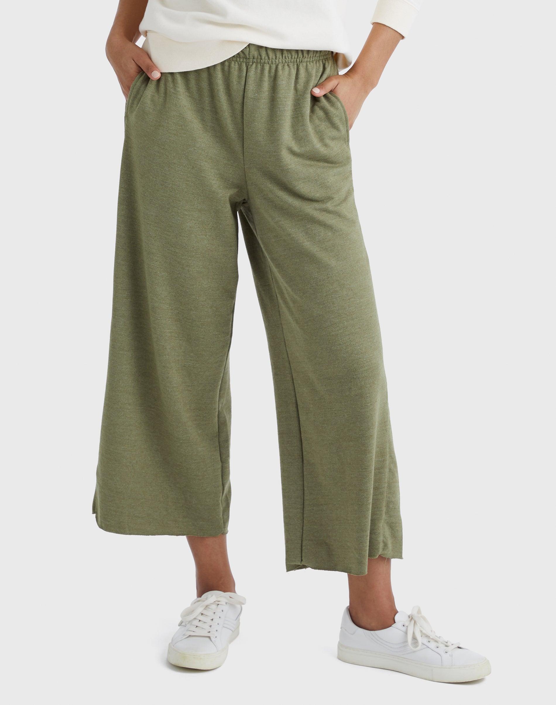 hanes originals women's french terry wide leg cropped pants oregano