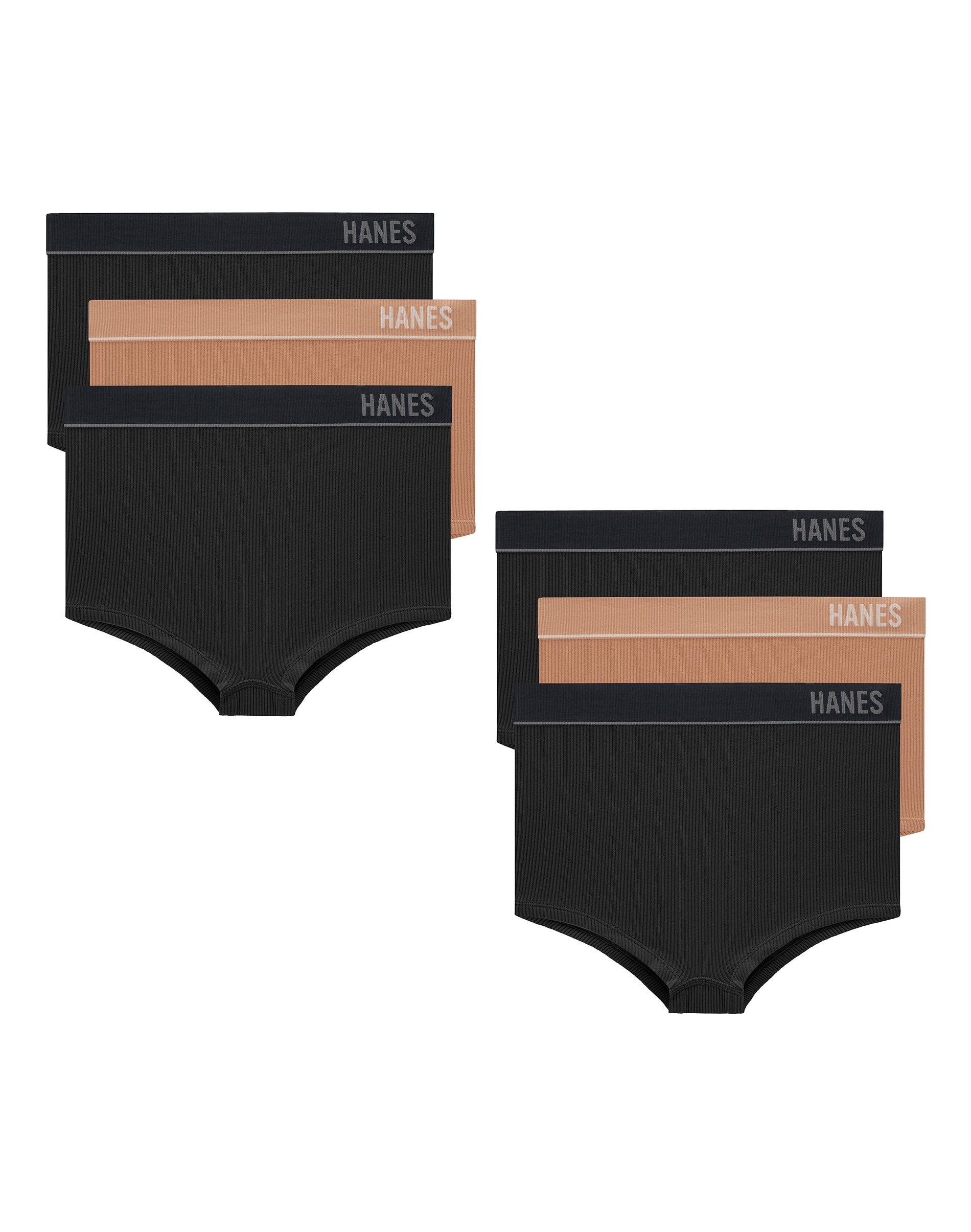 hanes originals women's seamless rib boyfit underwear, neutrals, 6-pack black/deep glow/black s