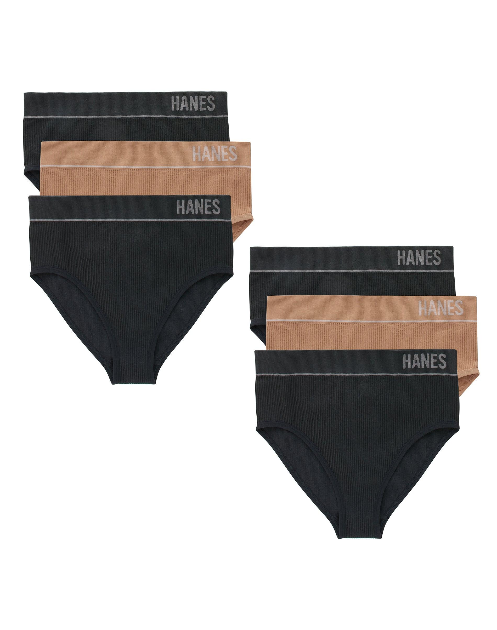 hanes originals women's seamless rib hi-leg bikini underwear, neutrals, 6-pack black/deep glow/black s