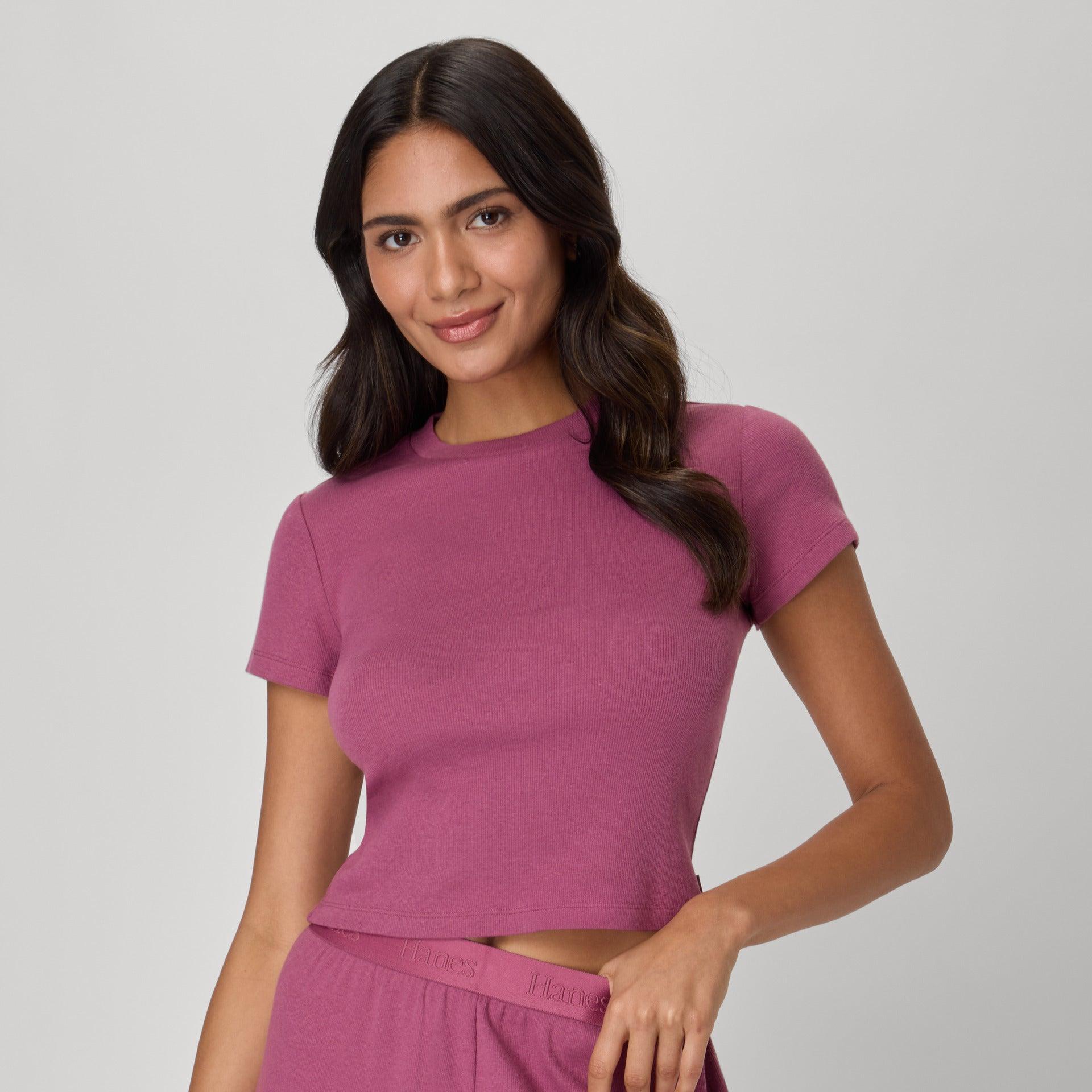 hanes originals women's supersoft comfywear rib baby doll tee mauve