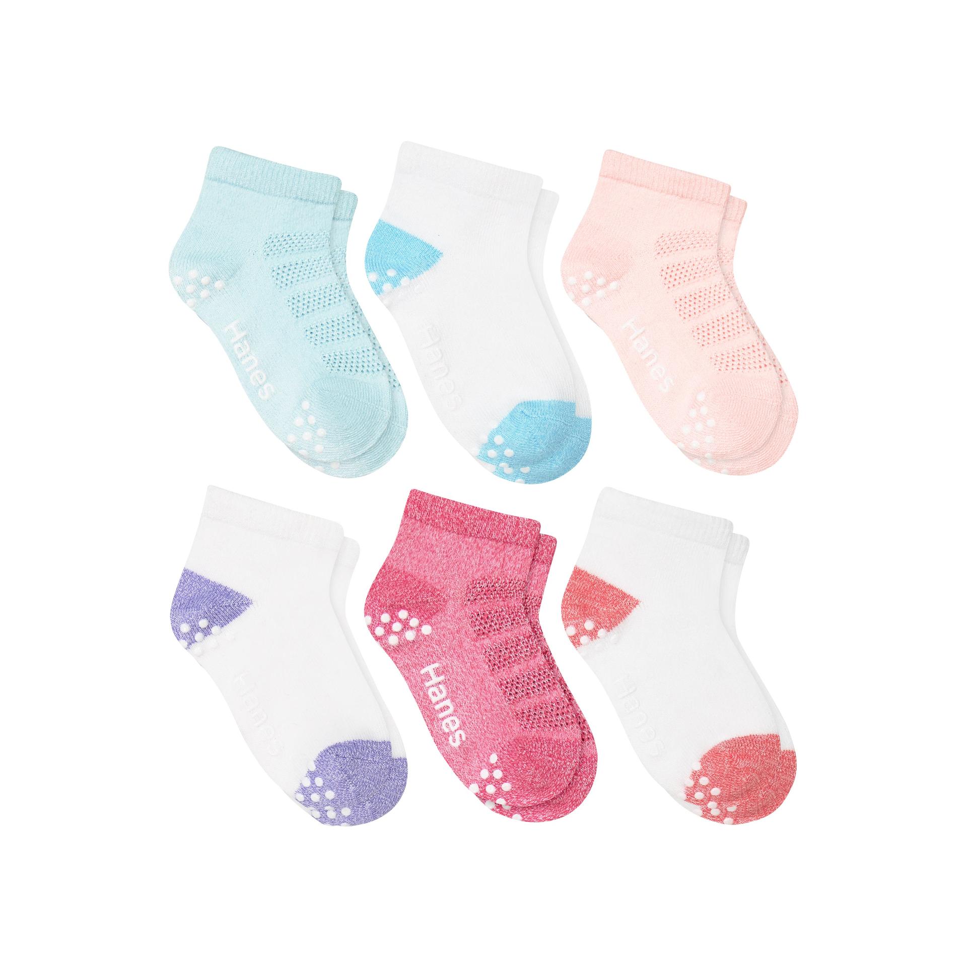 hanes premium pure comfort infant/toddler girls' ankle socks pack, 6-pack, gripper foot, comfortsoft yarn