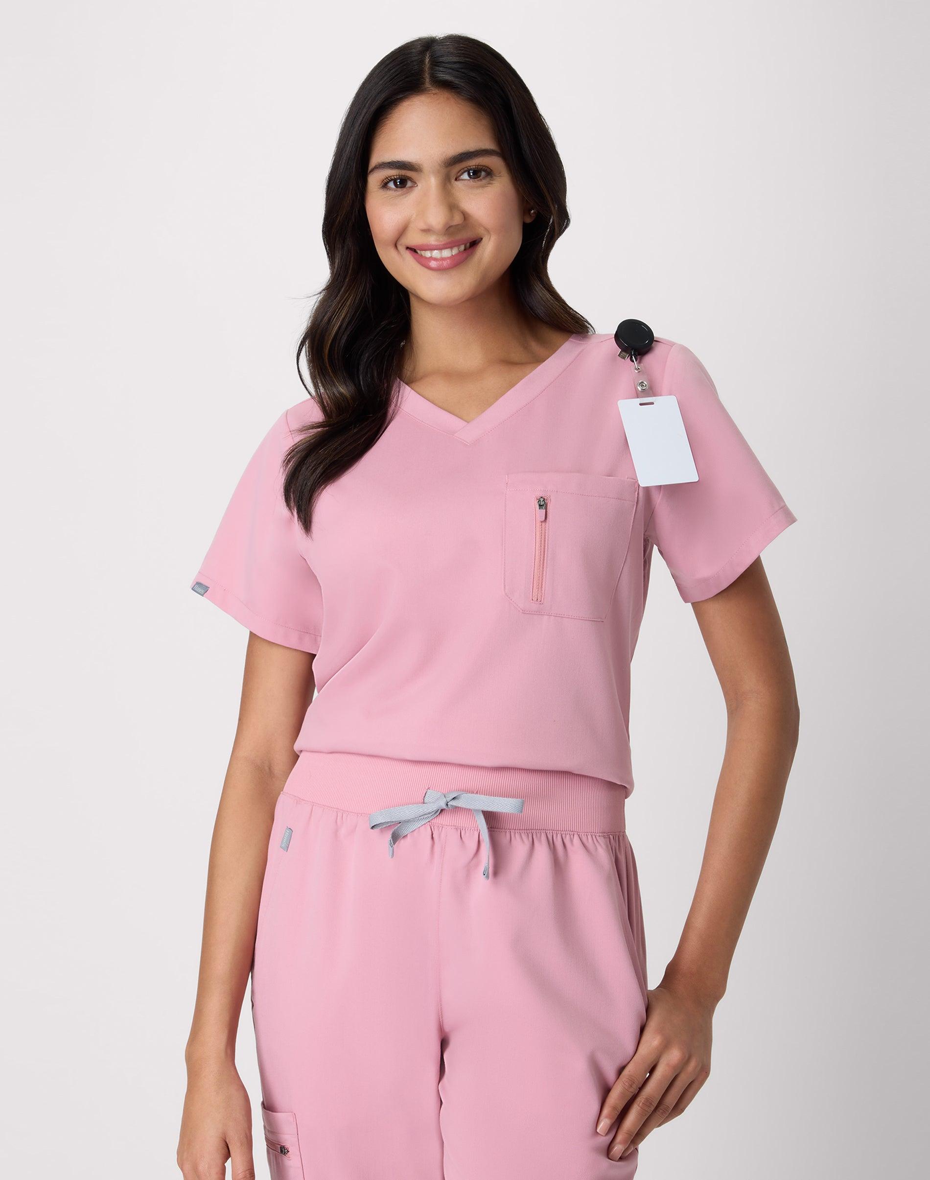 hanes premium scrubs women's 1-pocket scrub top pink