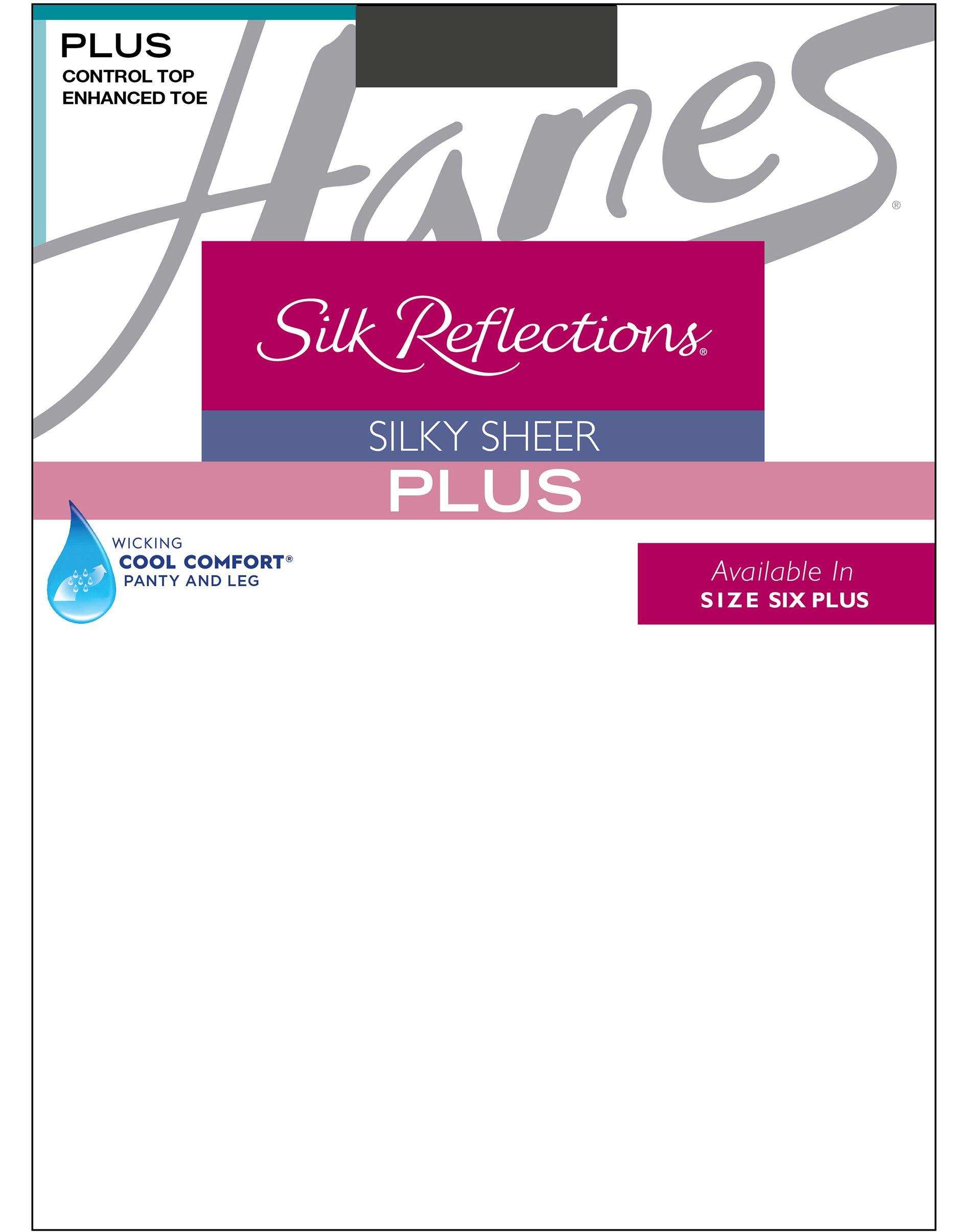 hanes silk reflections sheer control top pantyhose, enhanced toe (plus size) barely black