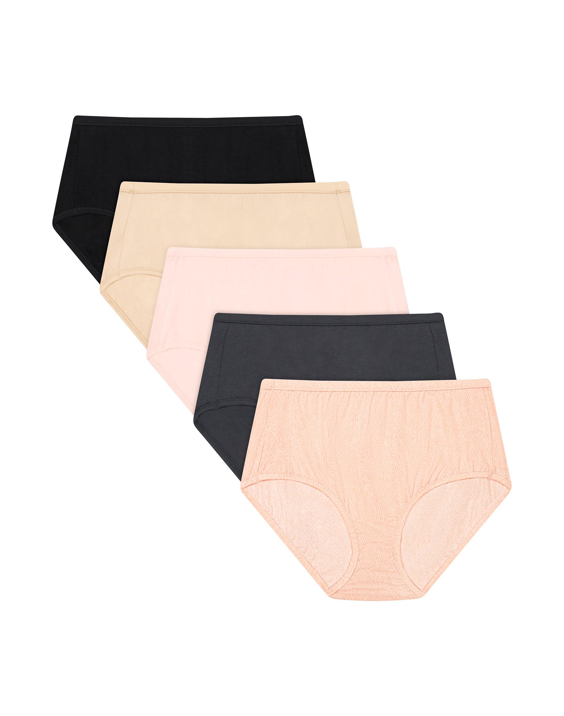 hanes ultimate comfortsoft women's underwear briefs, 5-pack, cotton stretch black/soft taupe/light buff/moonlit sky grey heather/blush zebra 5