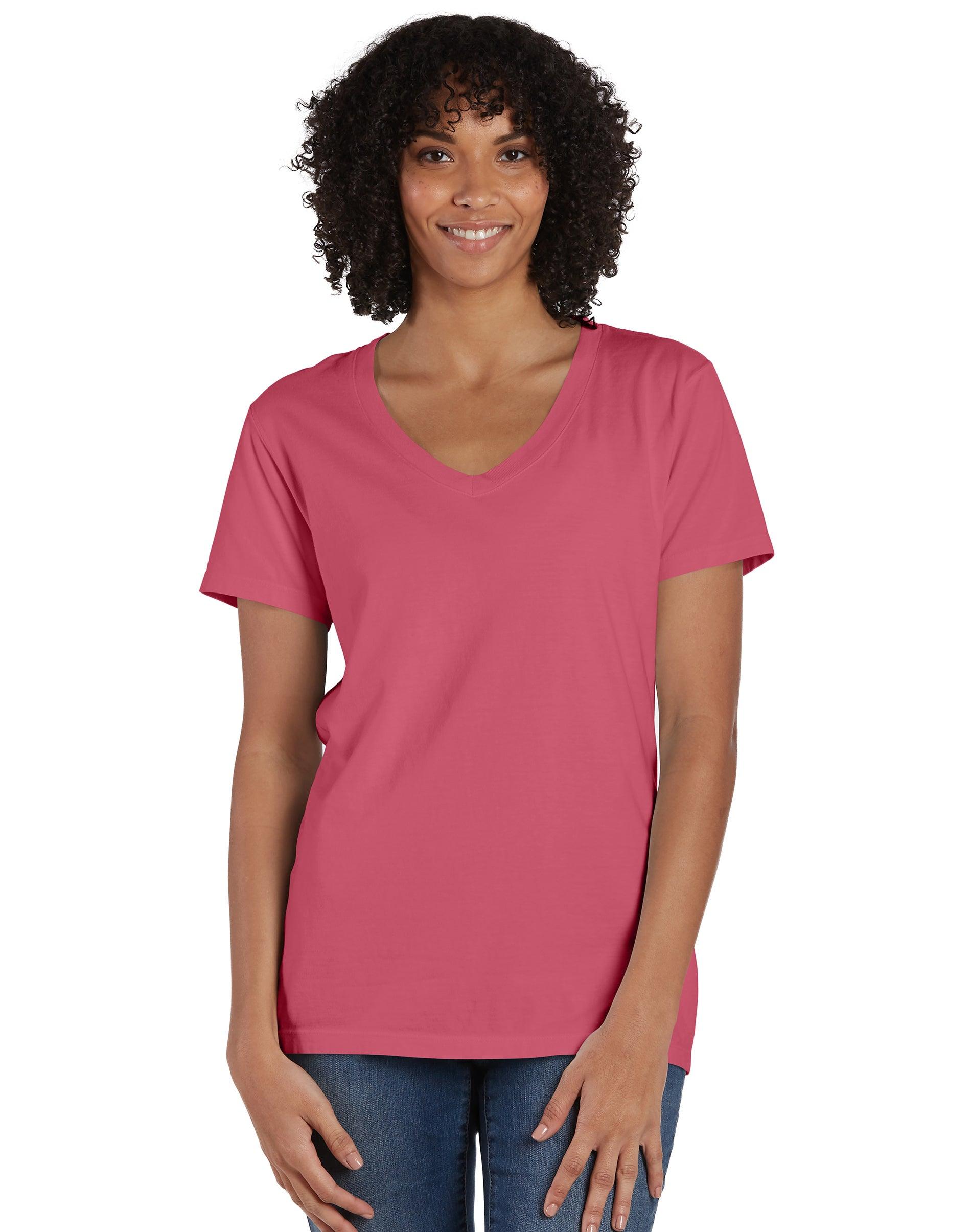 hanes women's garment dyed v-neck t-shirt coral