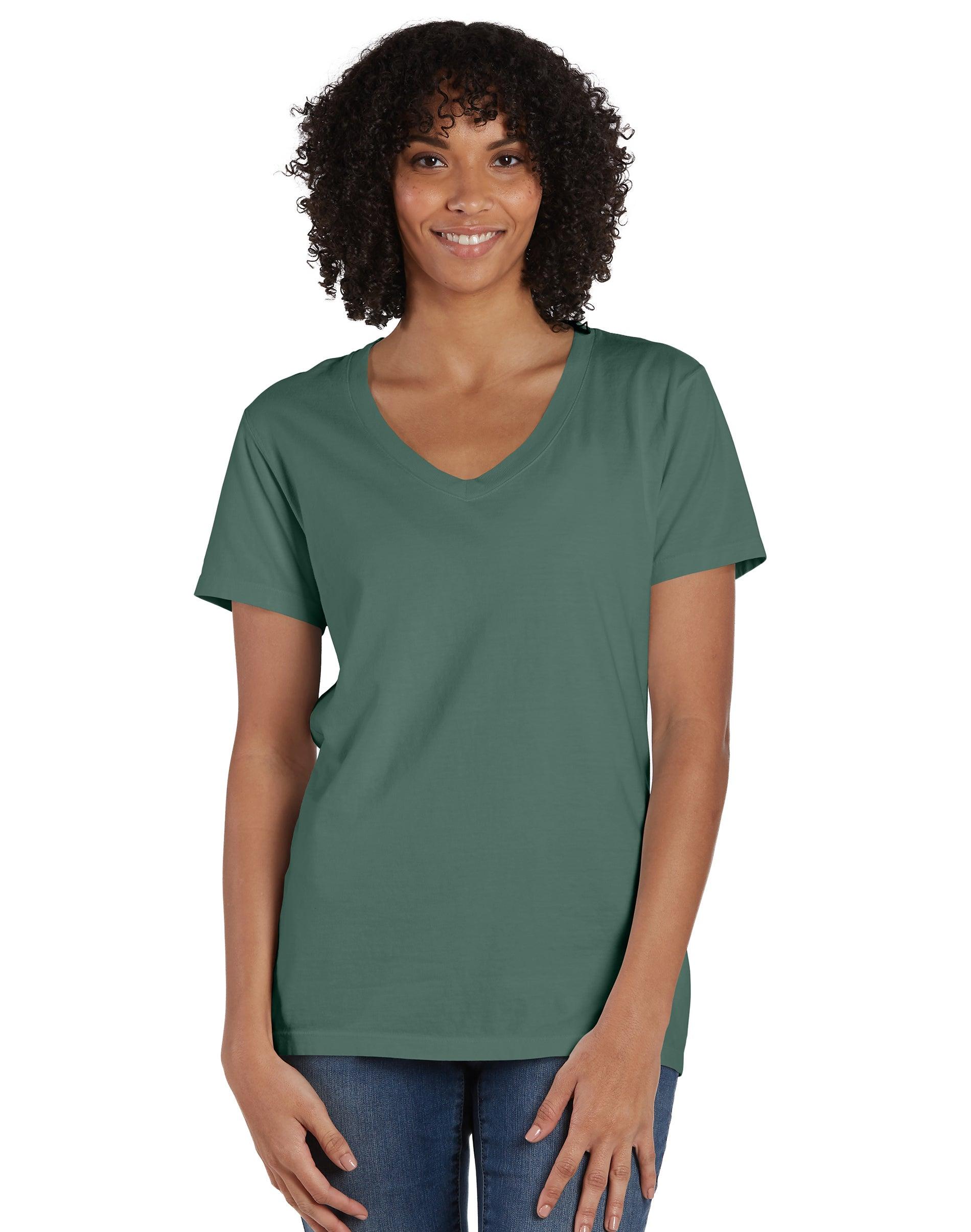 hanes women's garment dyed v-neck t-shirt cypress
