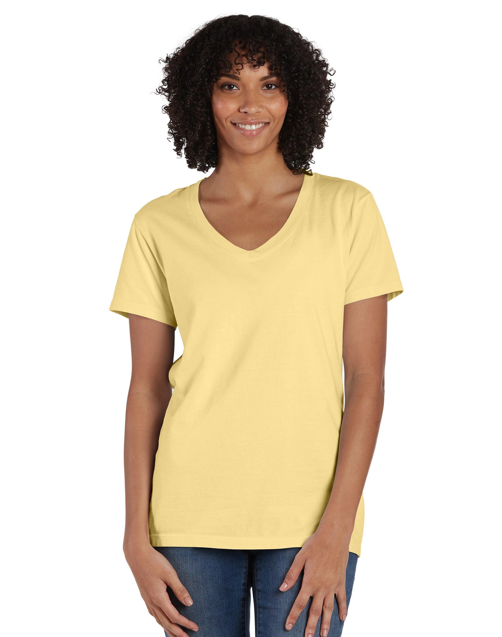 hanes women's garment dyed v-neck t-shirt summer squash