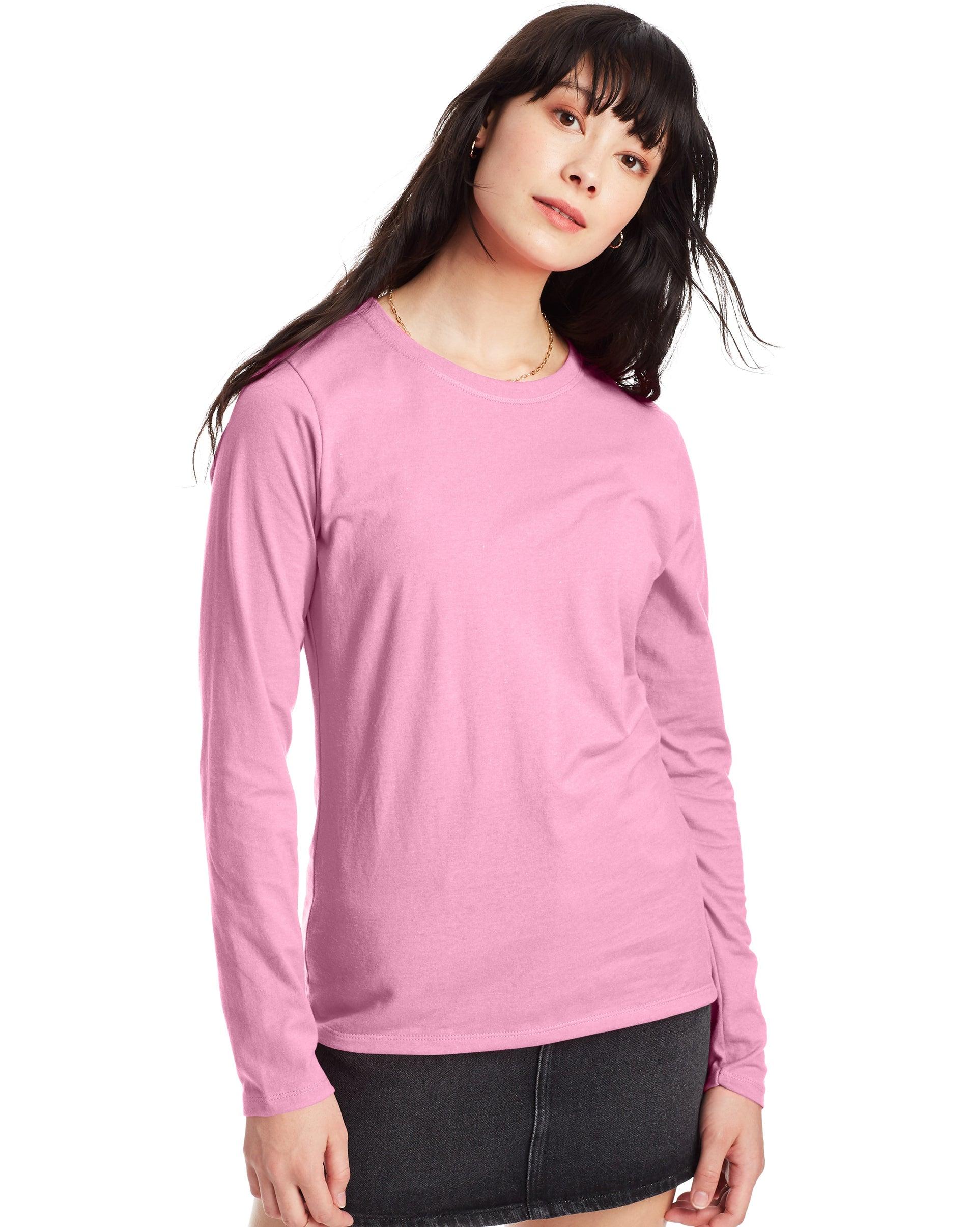 hanes women's long sleeve cotton t-shirt pink