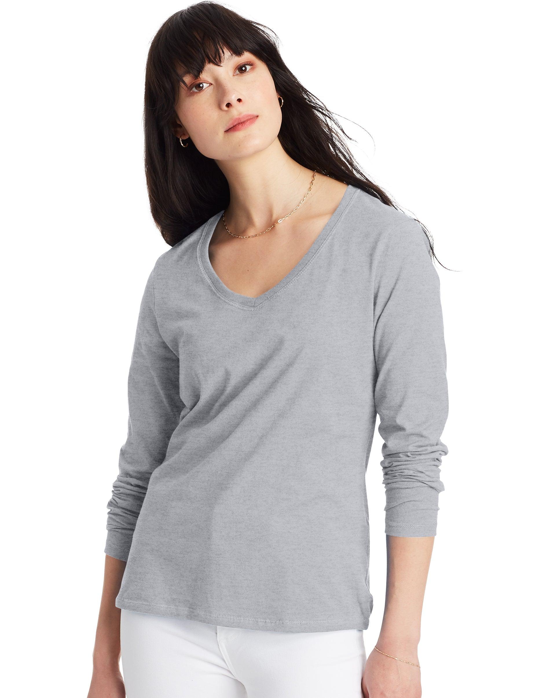 hanes women's long sleeve cotton v-neck t-shirt light