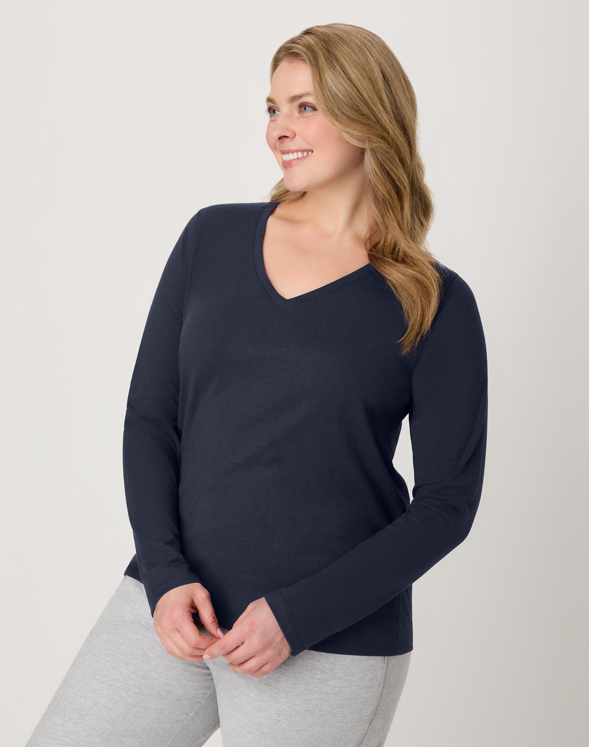 hanes women's long sleeve cotton v-neck t-shirt navy s