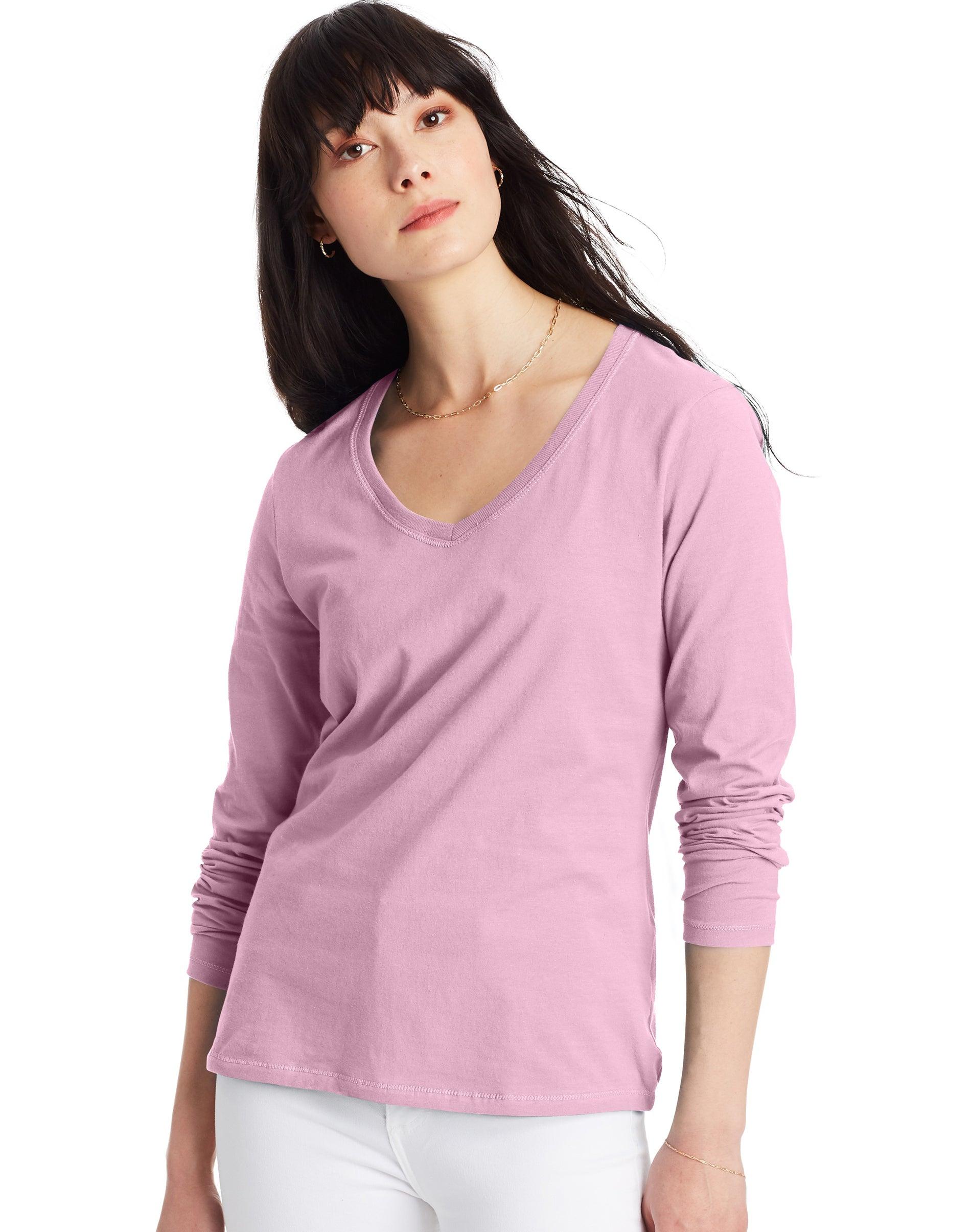 hanes women's long sleeve cotton v-neck t-shirt pink