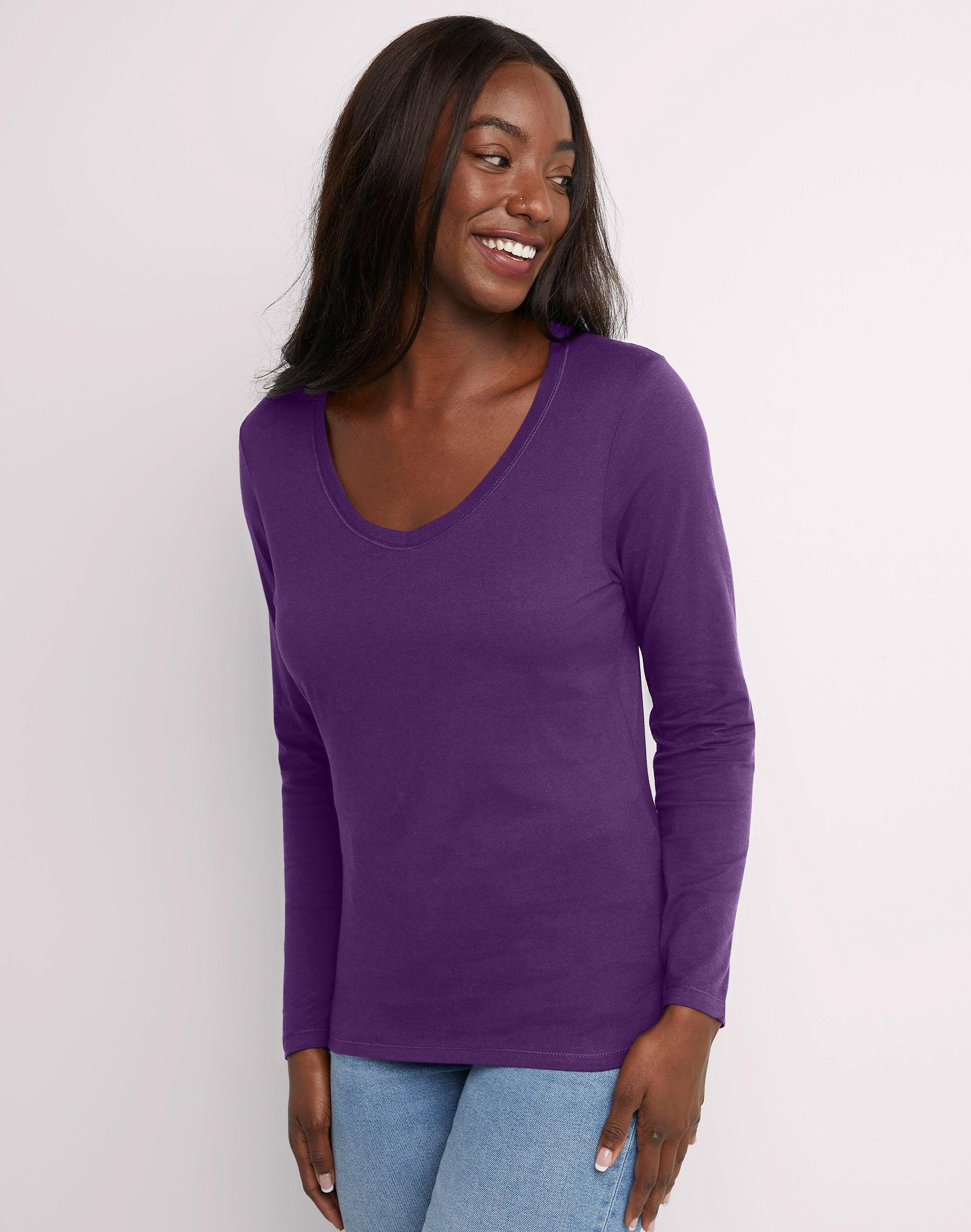 hanes women's long sleeve cotton v-neck t-shirt violet