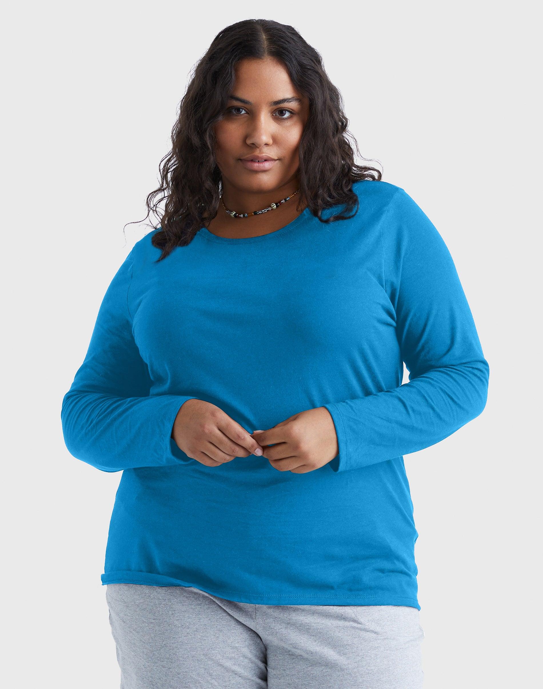 hanes women's long sleeve scoop neck cotton t-shirt (plus size) deep