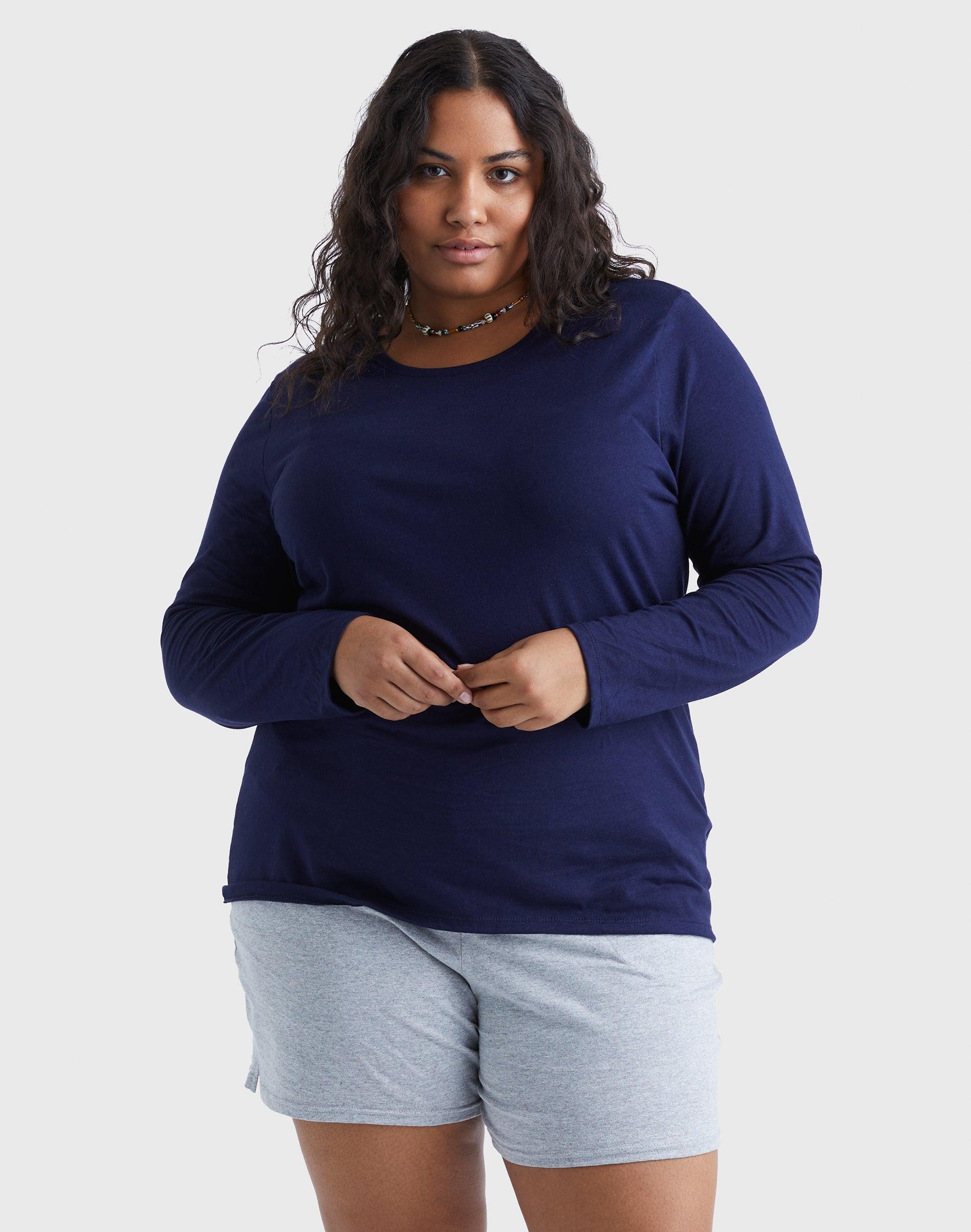 hanes women's long sleeve scoop-neck cotton t-shirt (plus size) navy 1x