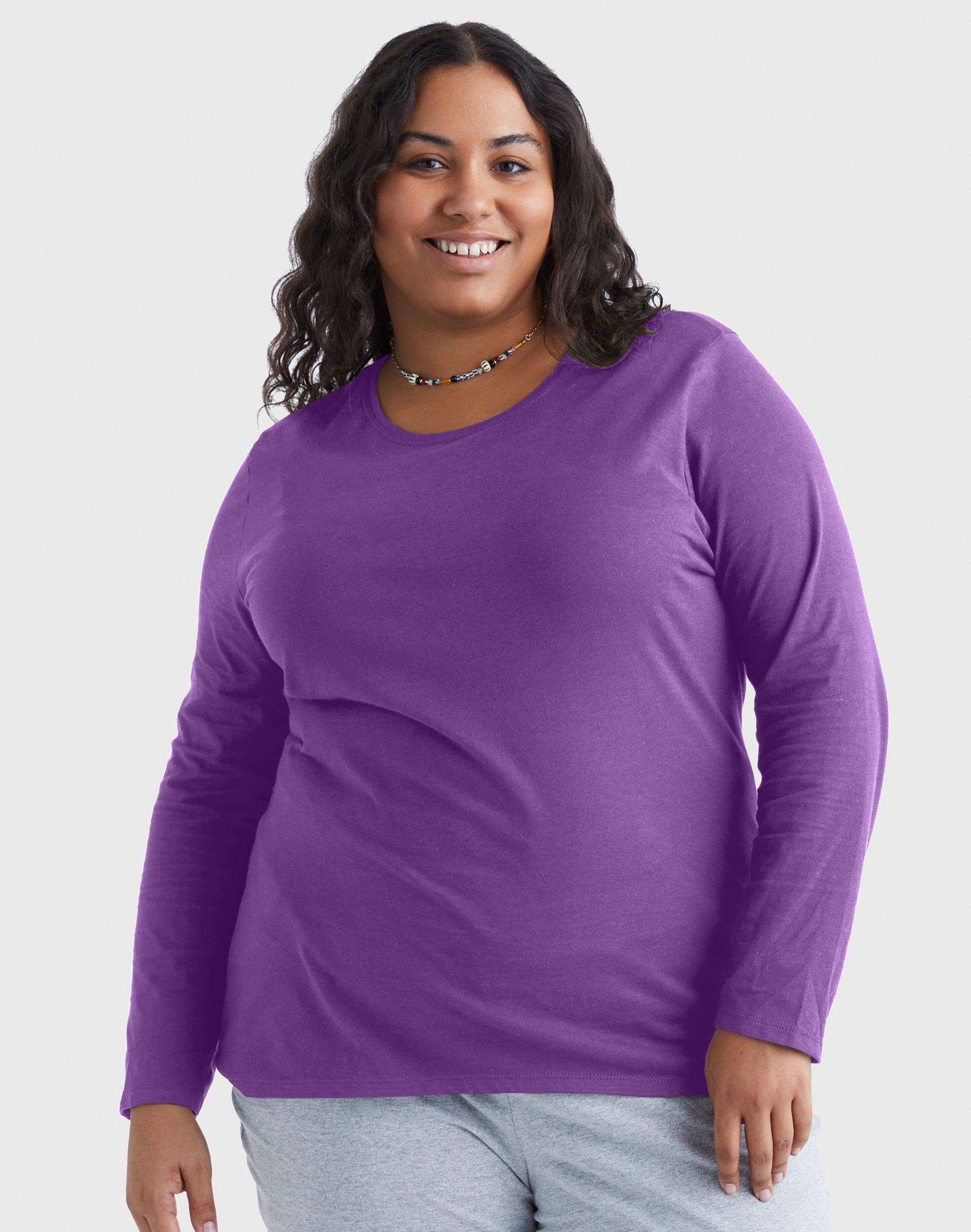 hanes women's long sleeve scoop neck cotton t-shirt (plus size) violet
