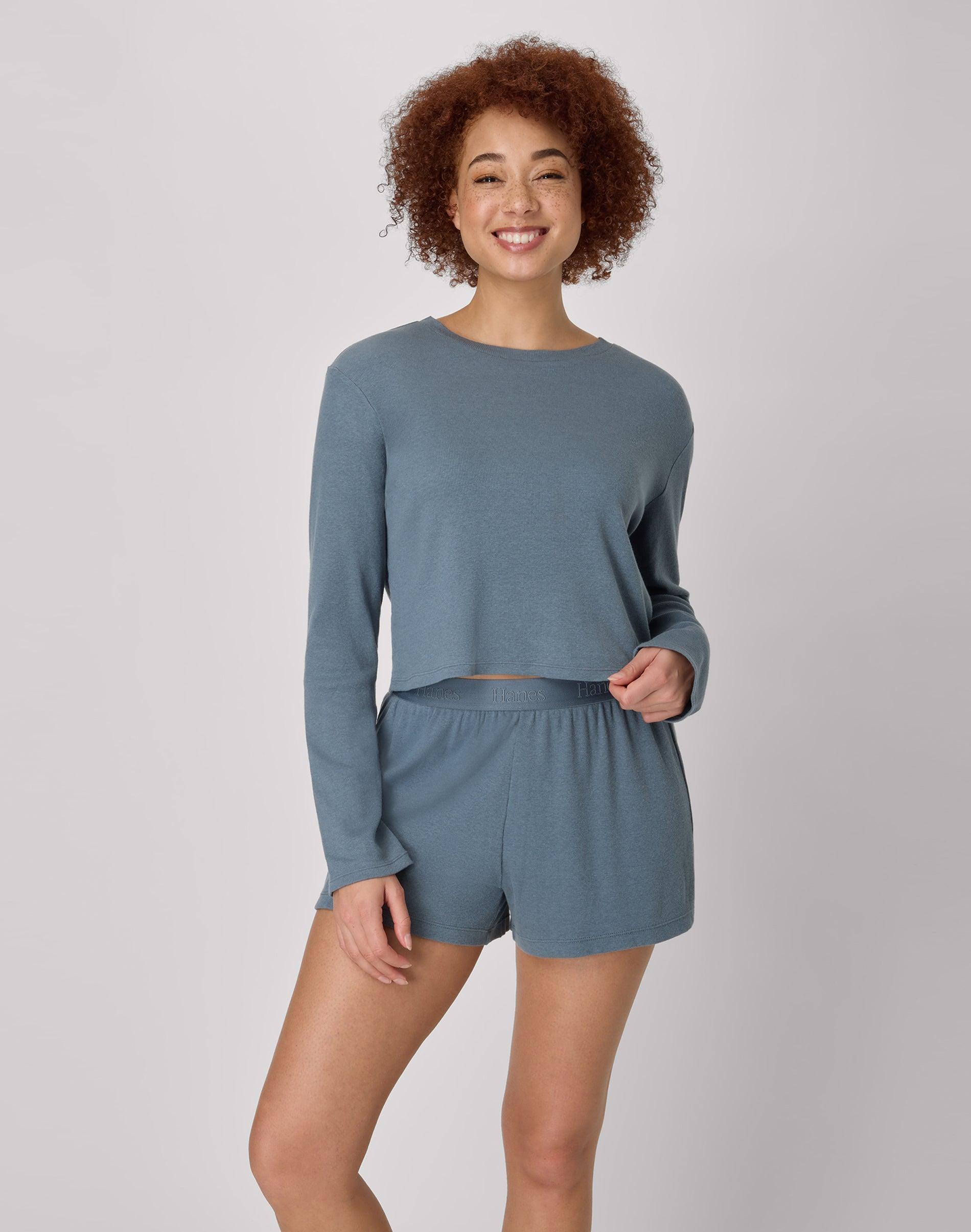 hanes women's rib crop long sleeve & sleep short set stargazer grey/stargazer