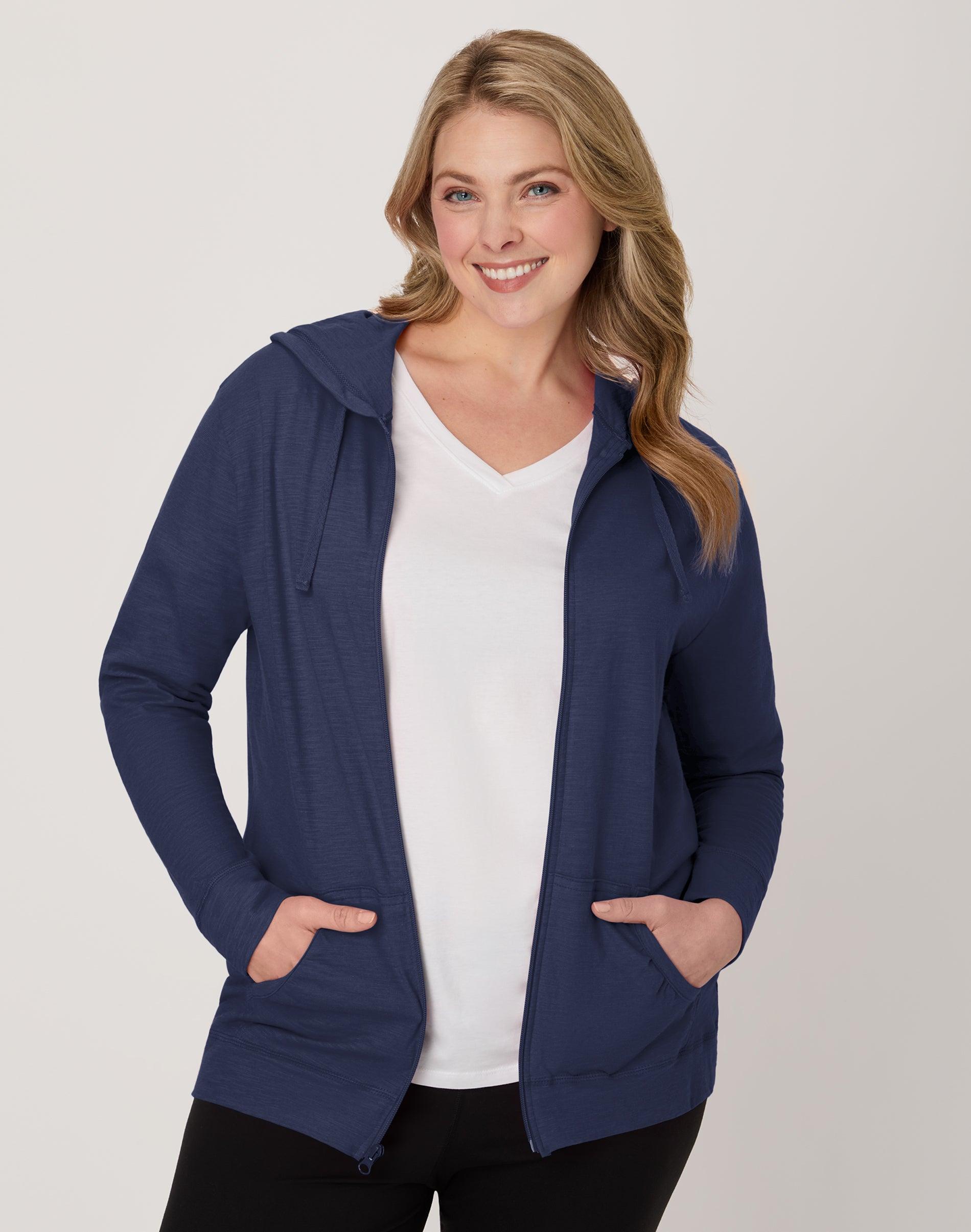 hanes women's slub jersey full zip hoodie navy s