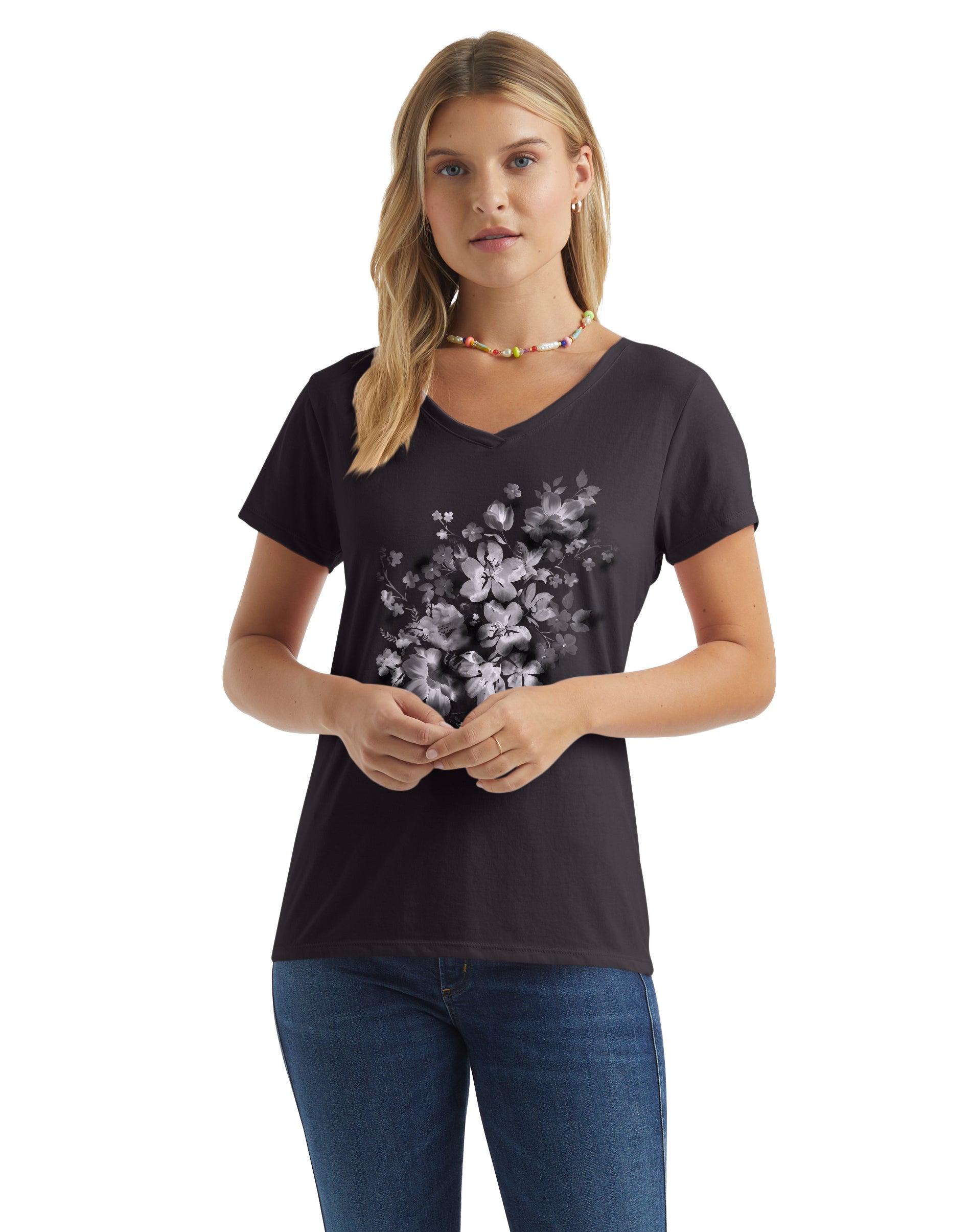 hanes women's v-neck graphic t-shirt, beach floral cascade cascade/black s