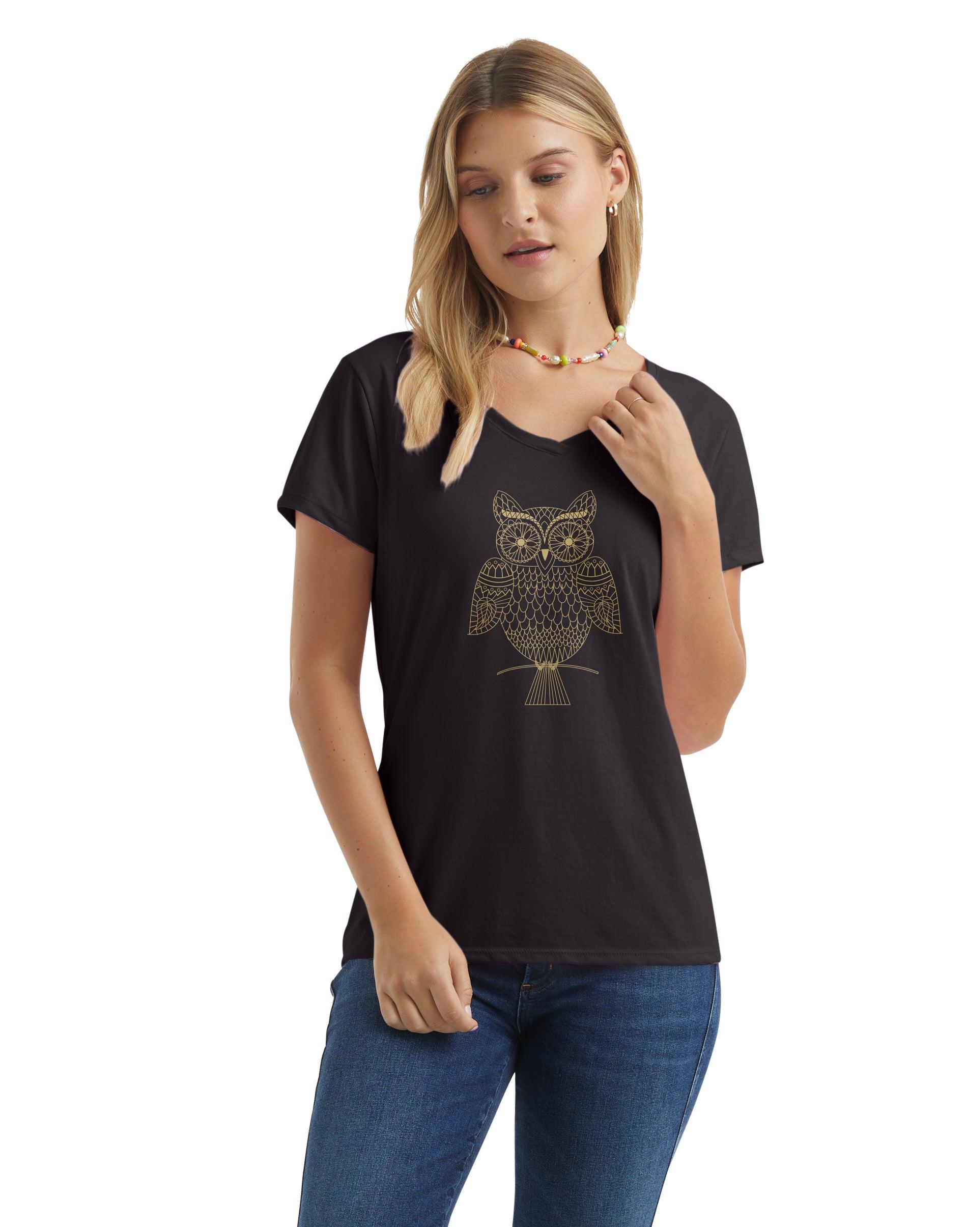 hanes women's v-neck graphic t-shirt, glitter owl whoot