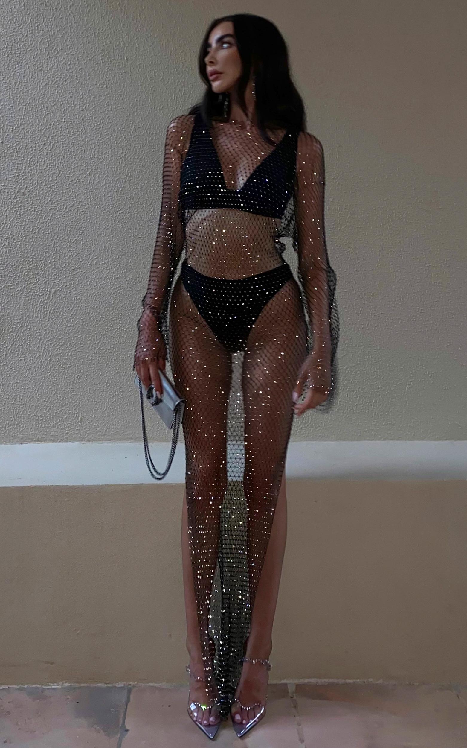 hanica midi dress - diamante mesh long sleeve dress in black