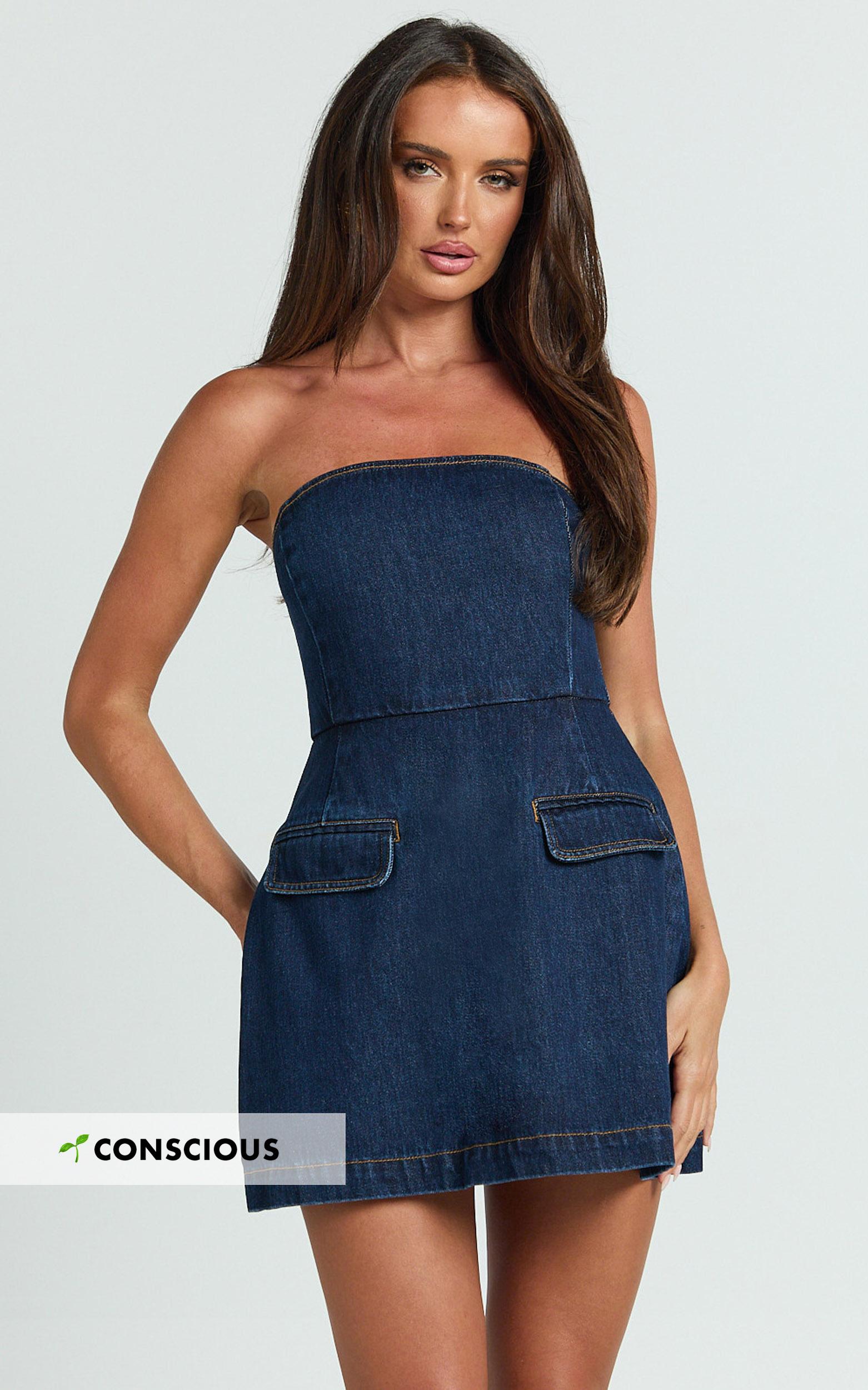 hannah playsuit - denim strapless a line playsuit in indigo wash