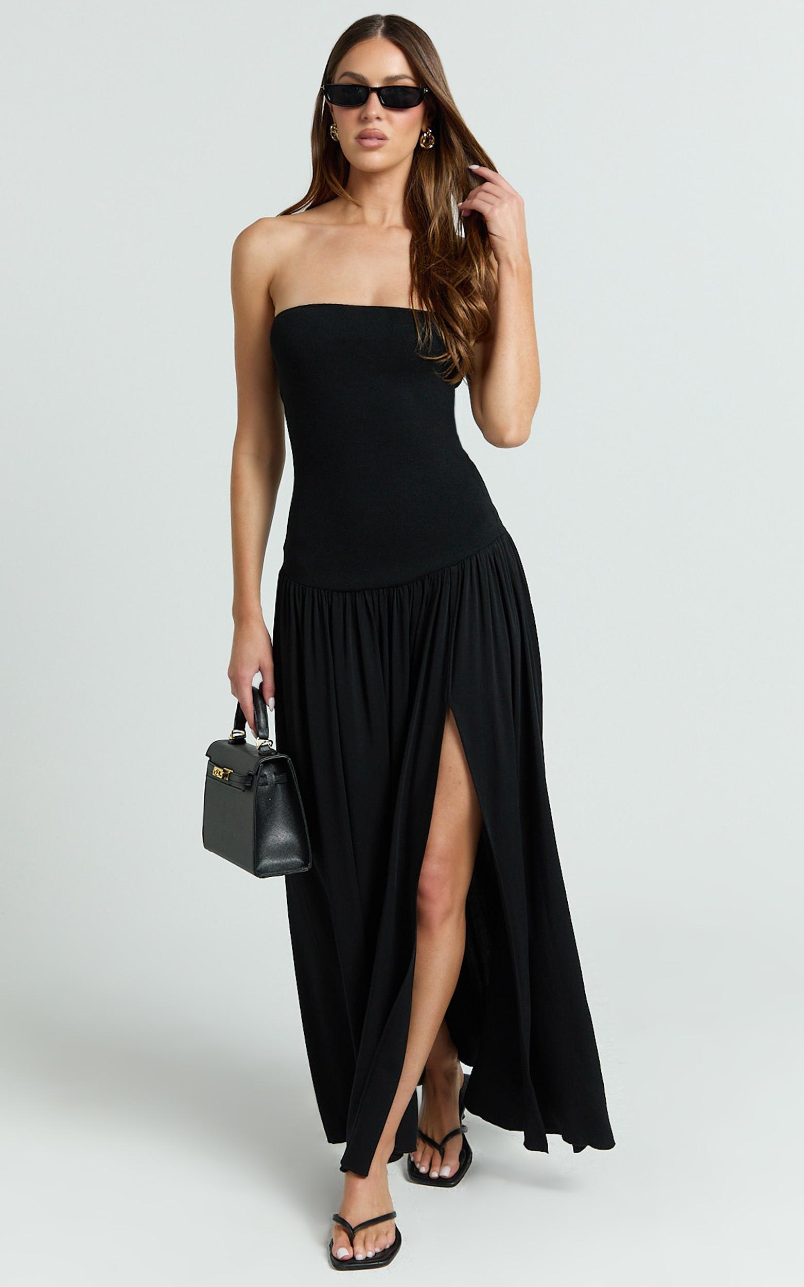 harlee maxi dress - strapless drop waist knit bodice full gathered skirt dress in black