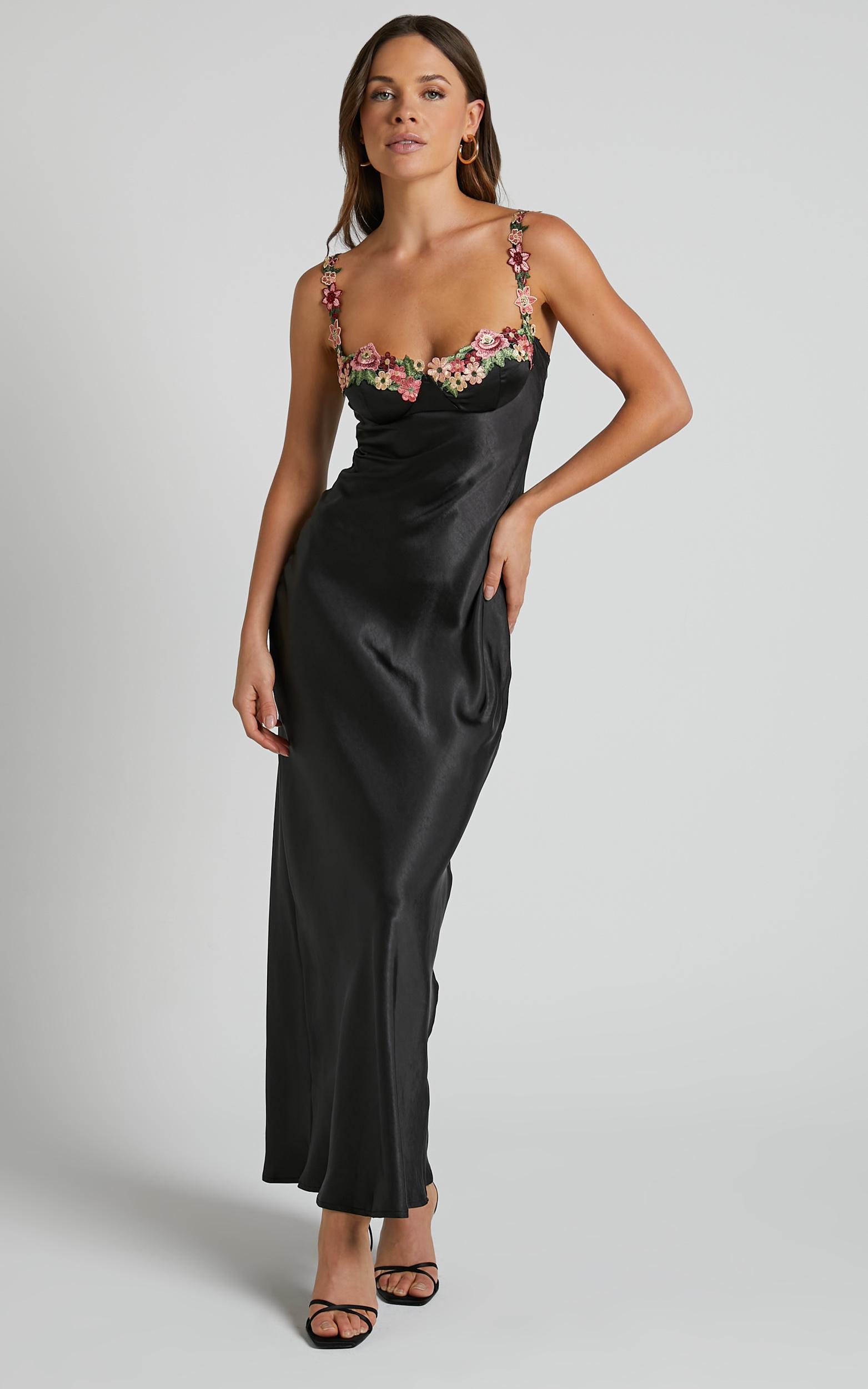 harmony maxi dress - floral detail cup bust satin dress in black