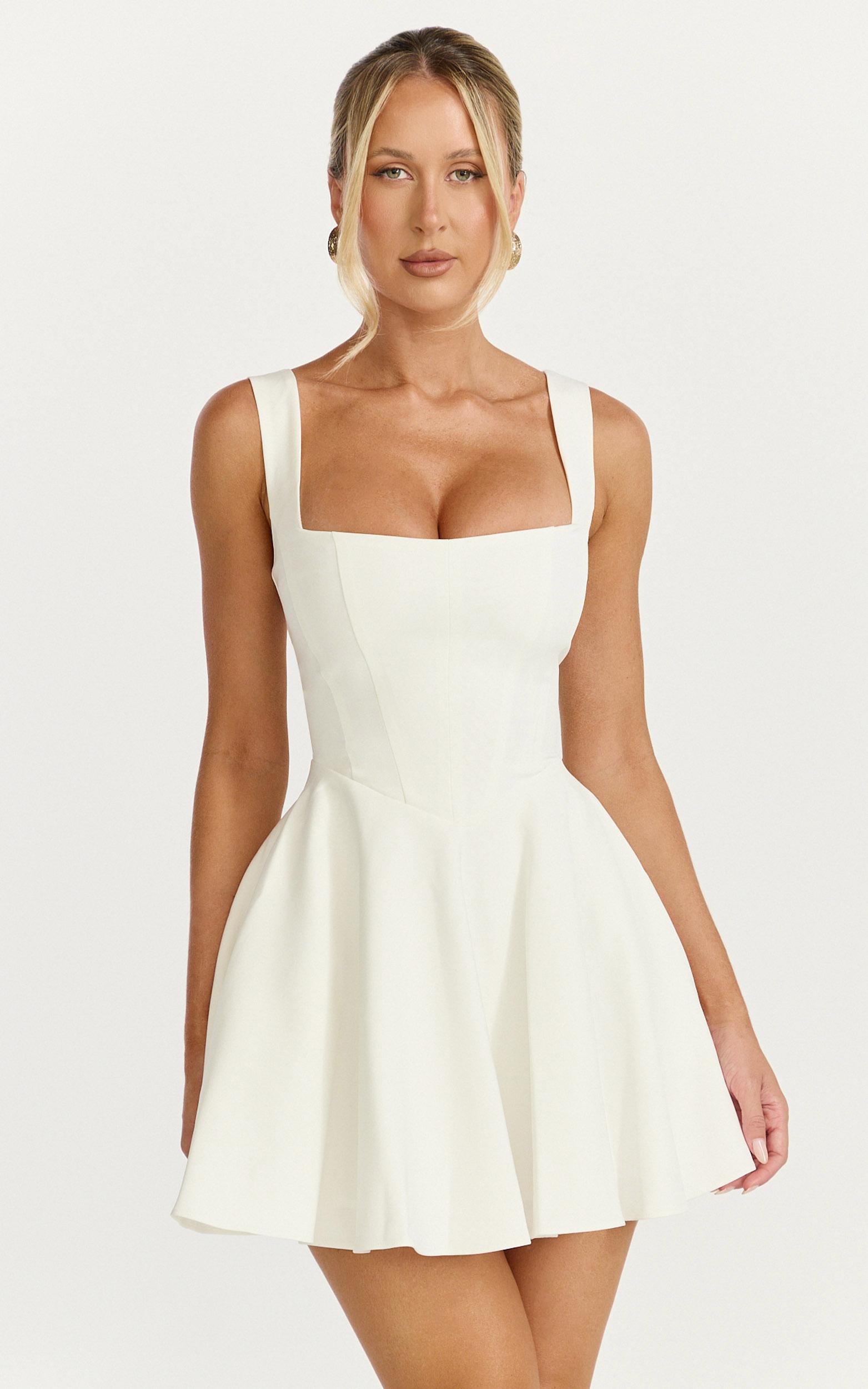 harmony mini dress - wide strap square neck fit and flare dress in off white
