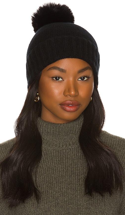 hat attack cashmere slouchy cuff beanie with faux fur pom in black.