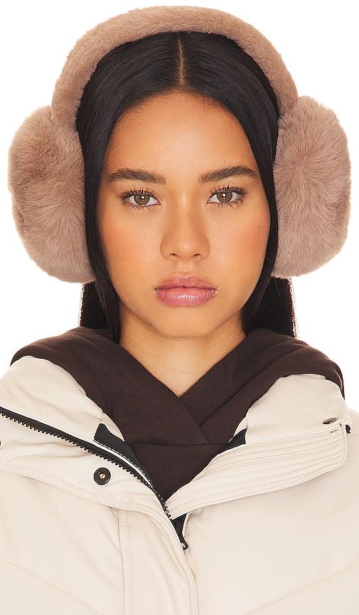 hat attack oversized faux fur earmuff in taupe.