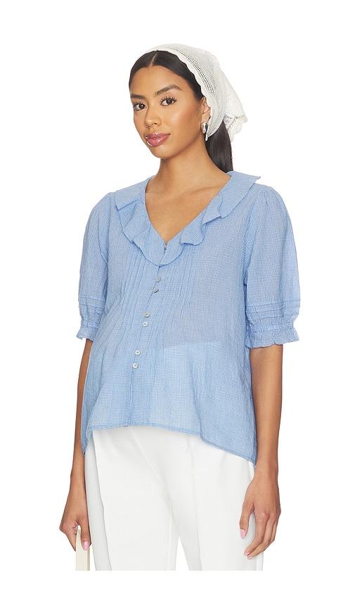 hatch the plaid lou lou nursing blouse in baby blue.